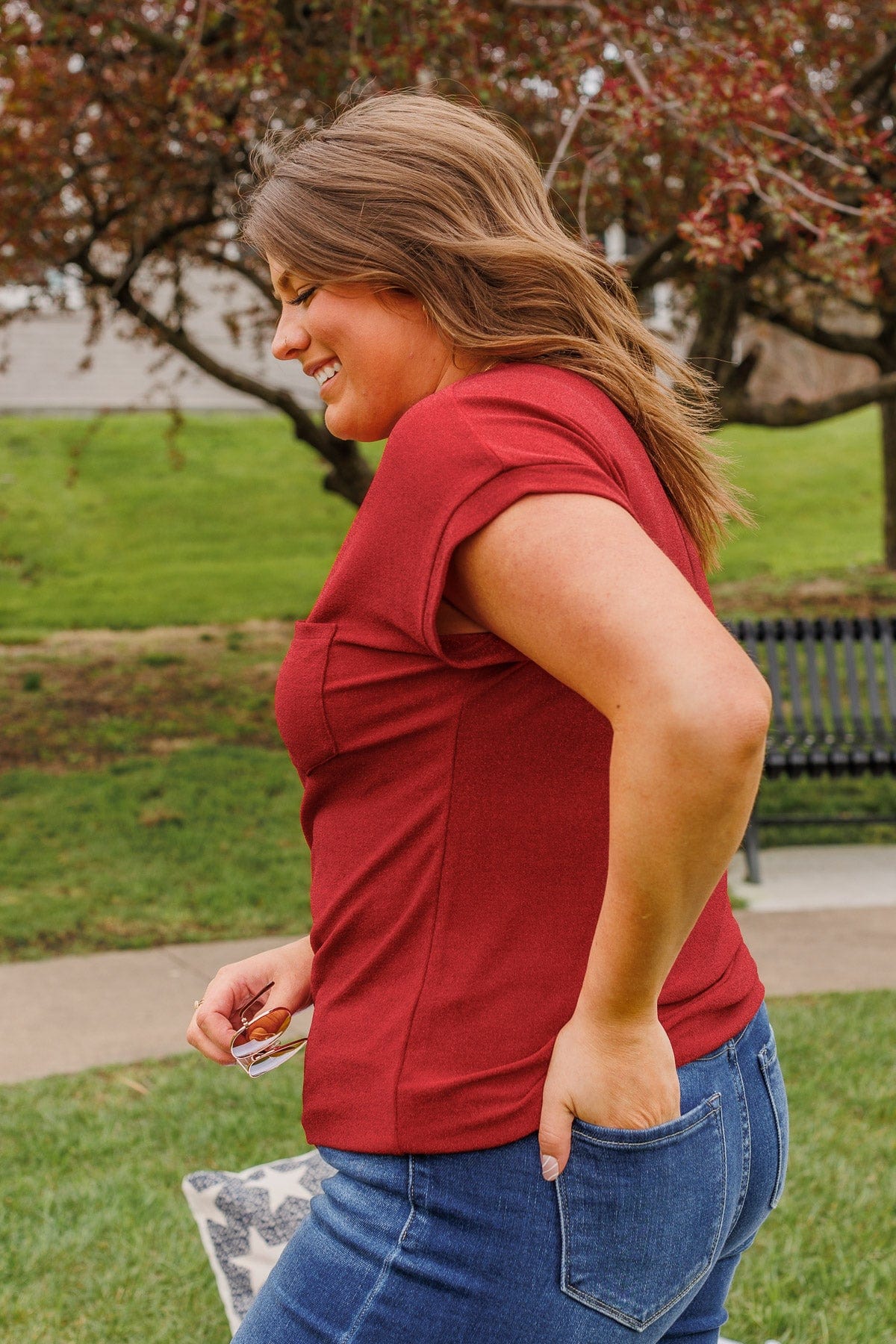 Free To Shine V-Neck Pocket Top- Red