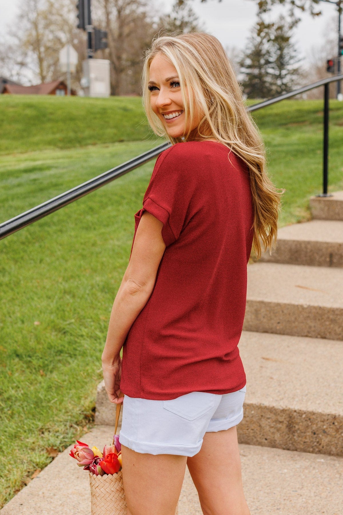 Free To Shine V-Neck Pocket Top- Red