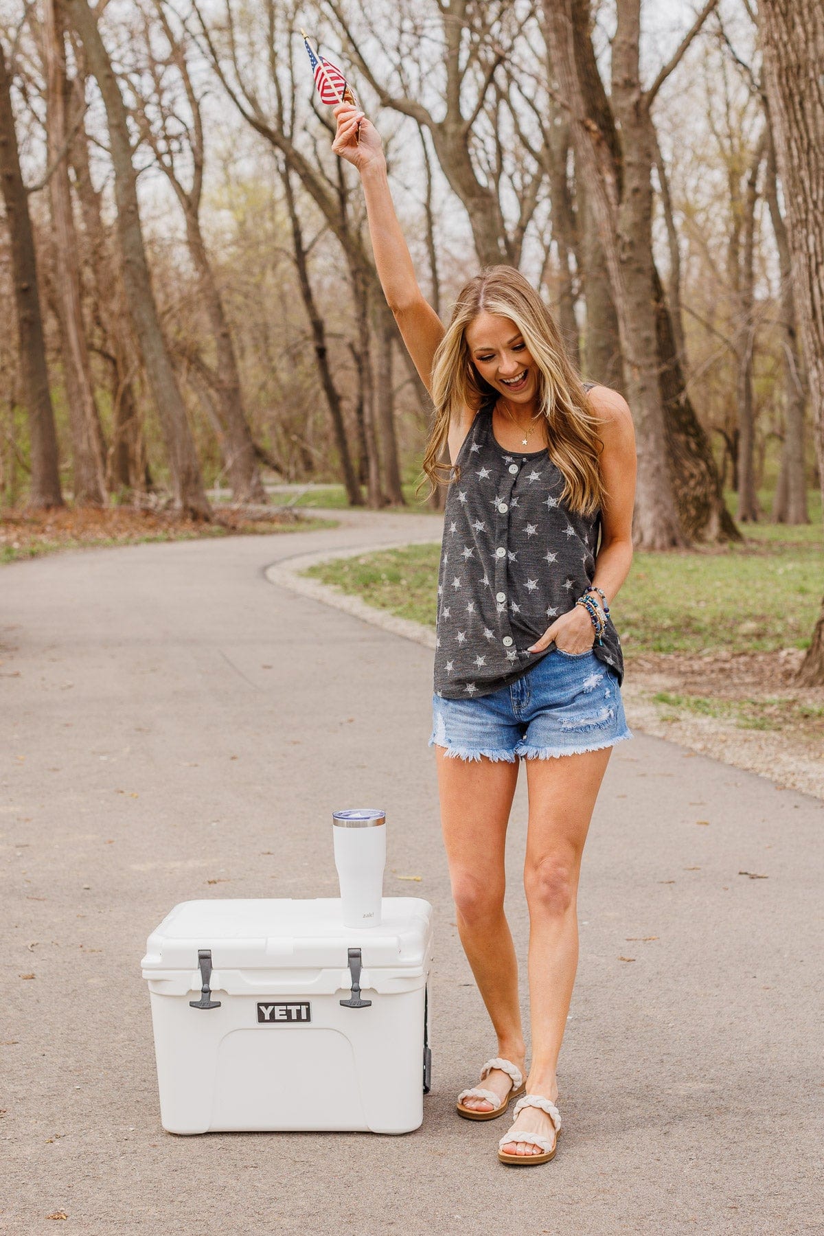 Young And Free Button Tank- Charcoal
