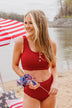 Summertime Shine Ribbed Knit Swim Top- Red