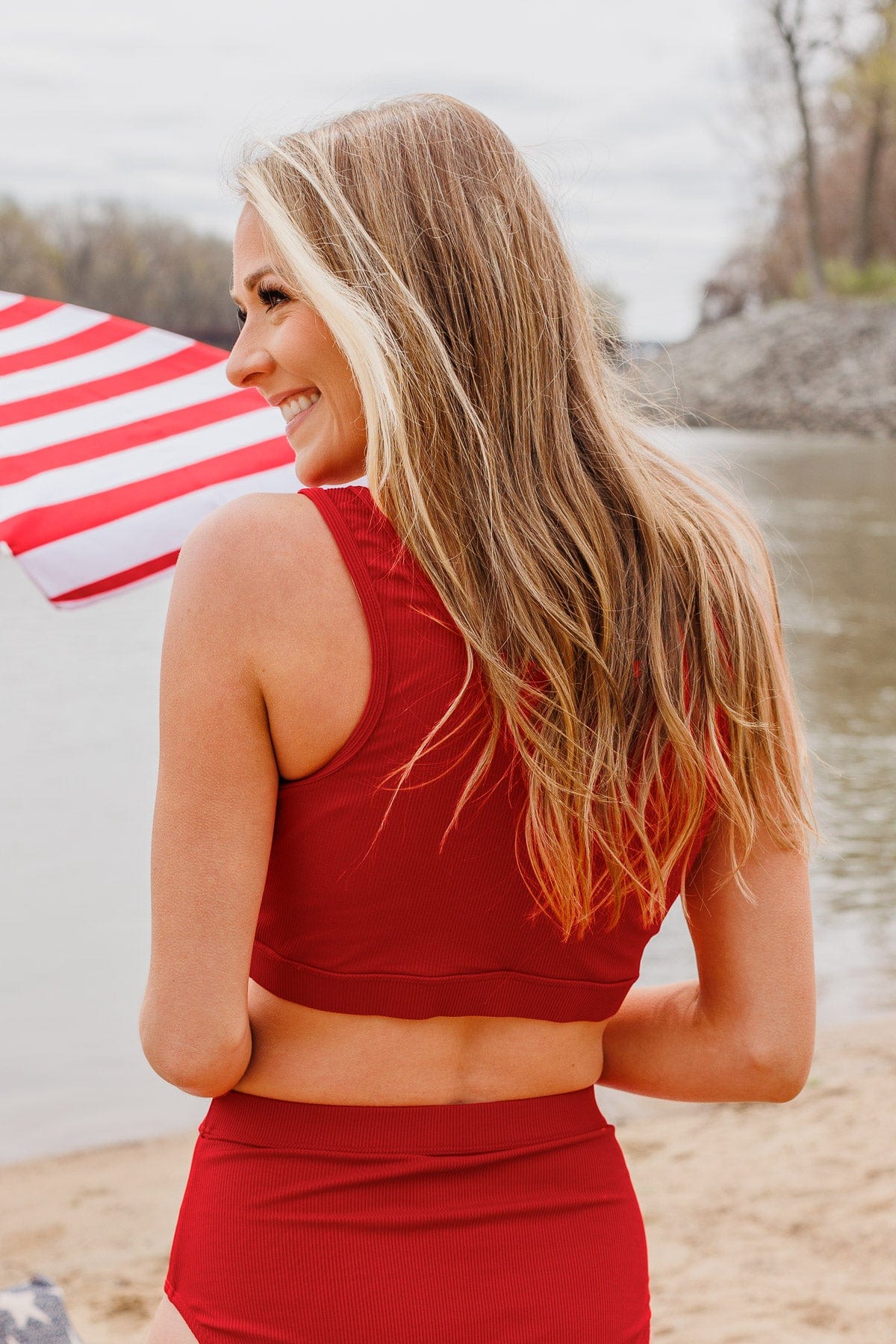 Summertime Shine Ribbed Knit Swim Top- Red