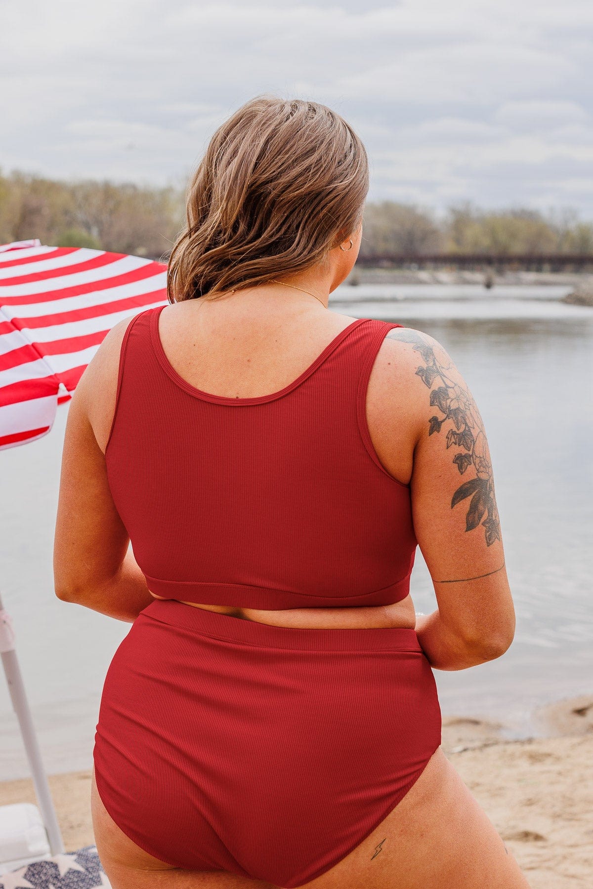 Summertime Shine Ribbed Knit Swim Top- Red