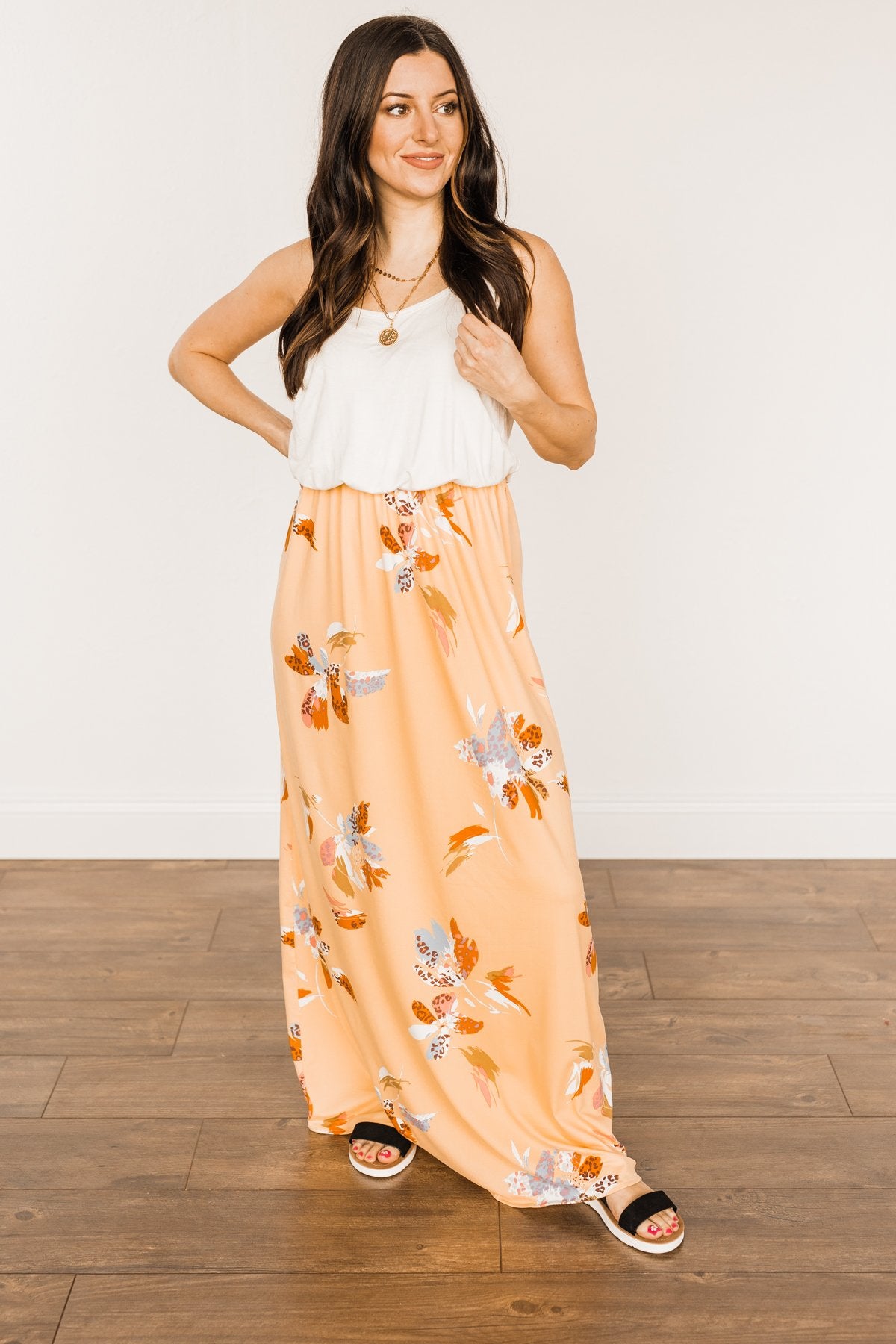 Escape The Ordinary Floral Maxi Dress- Ivory & Mango Escape The Ordinary Floral Maxi Dress- Ivory & Mango