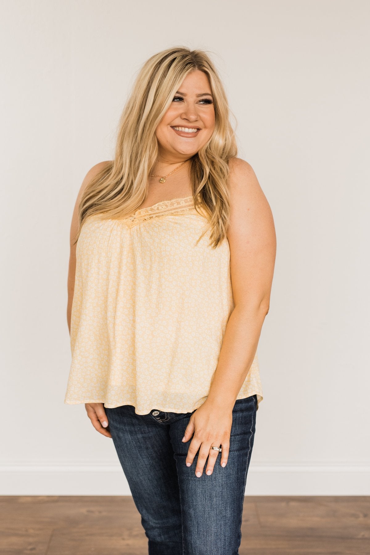 Golden Days Floral Lace Tank- Soft Yellow