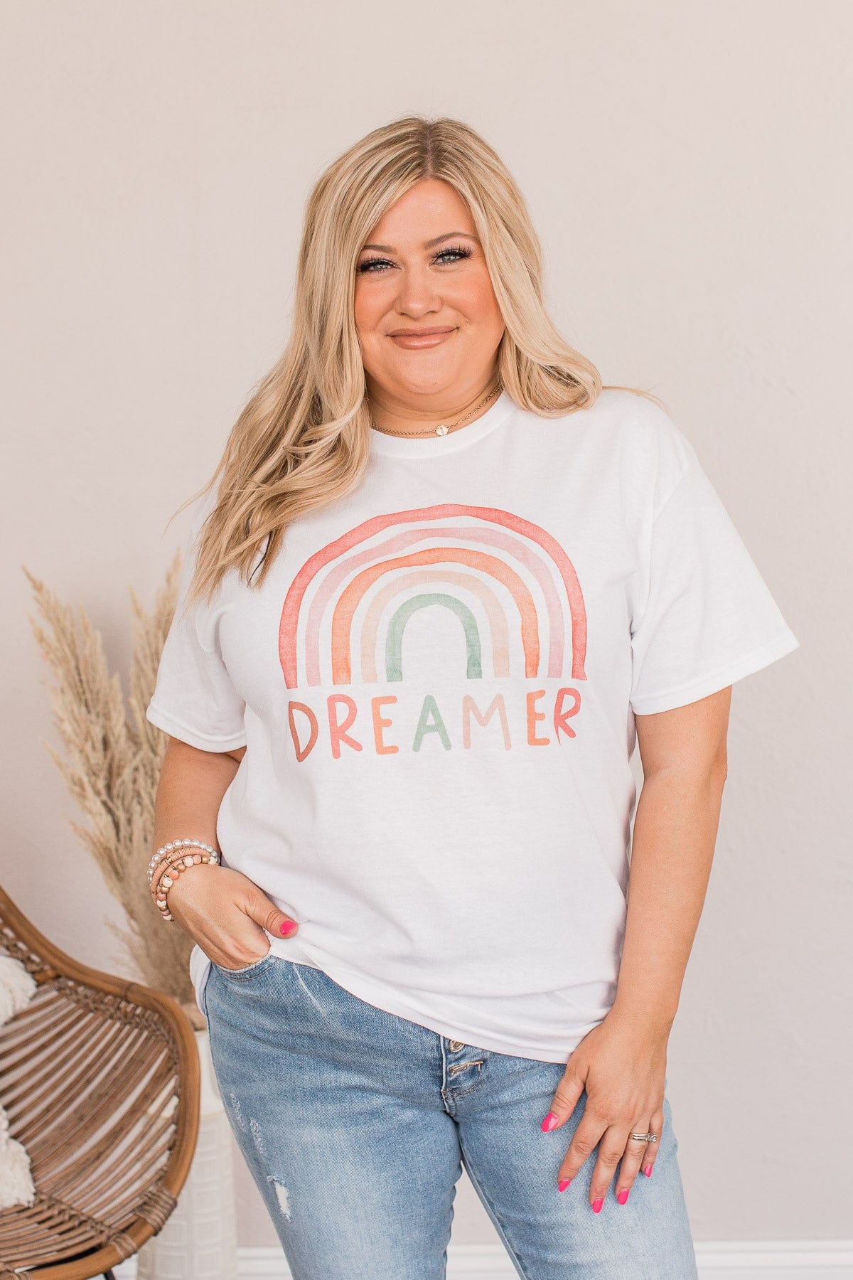 Rainbow "Dreamer" Graphic Tee- White