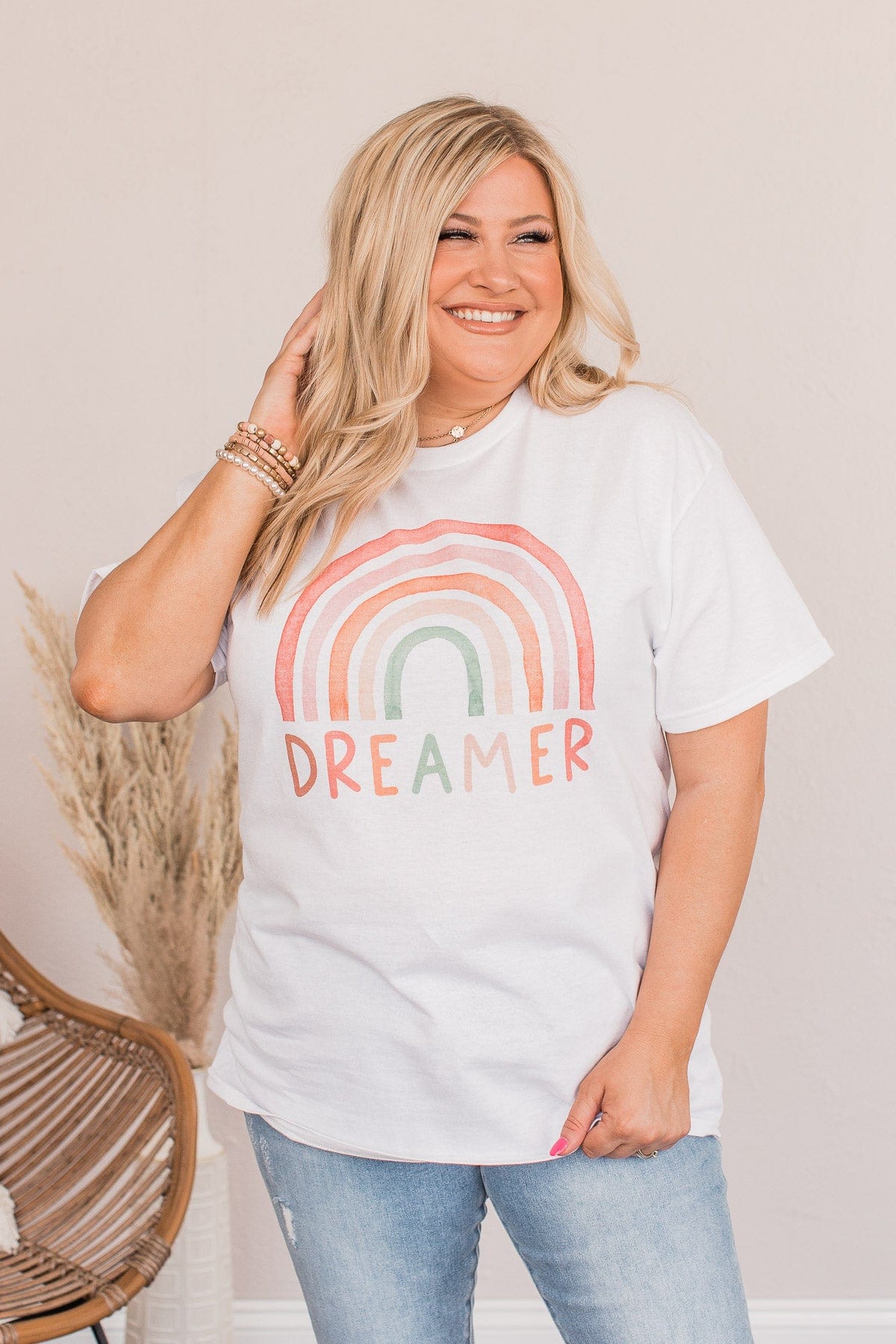 Rainbow "Dreamer" Graphic Tee- White