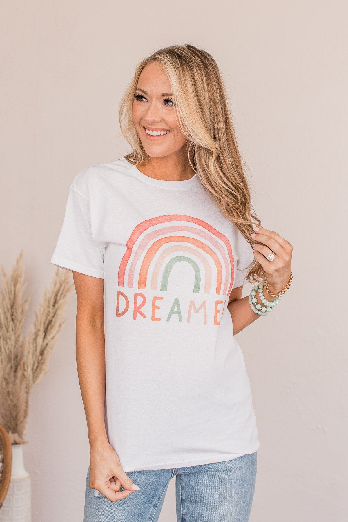 Rainbow "Dreamer" Graphic Tee- White