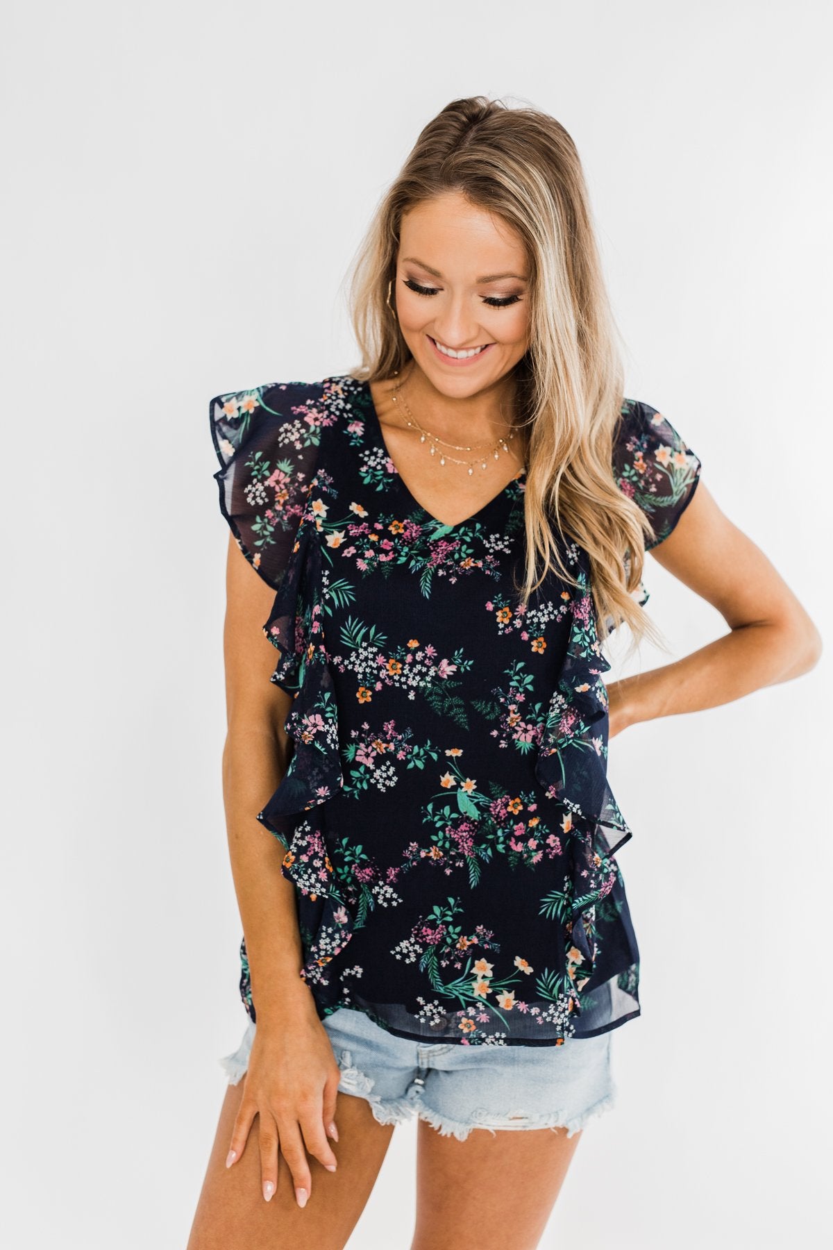 Better Than Before Floral Ruffle Blouse- Navy