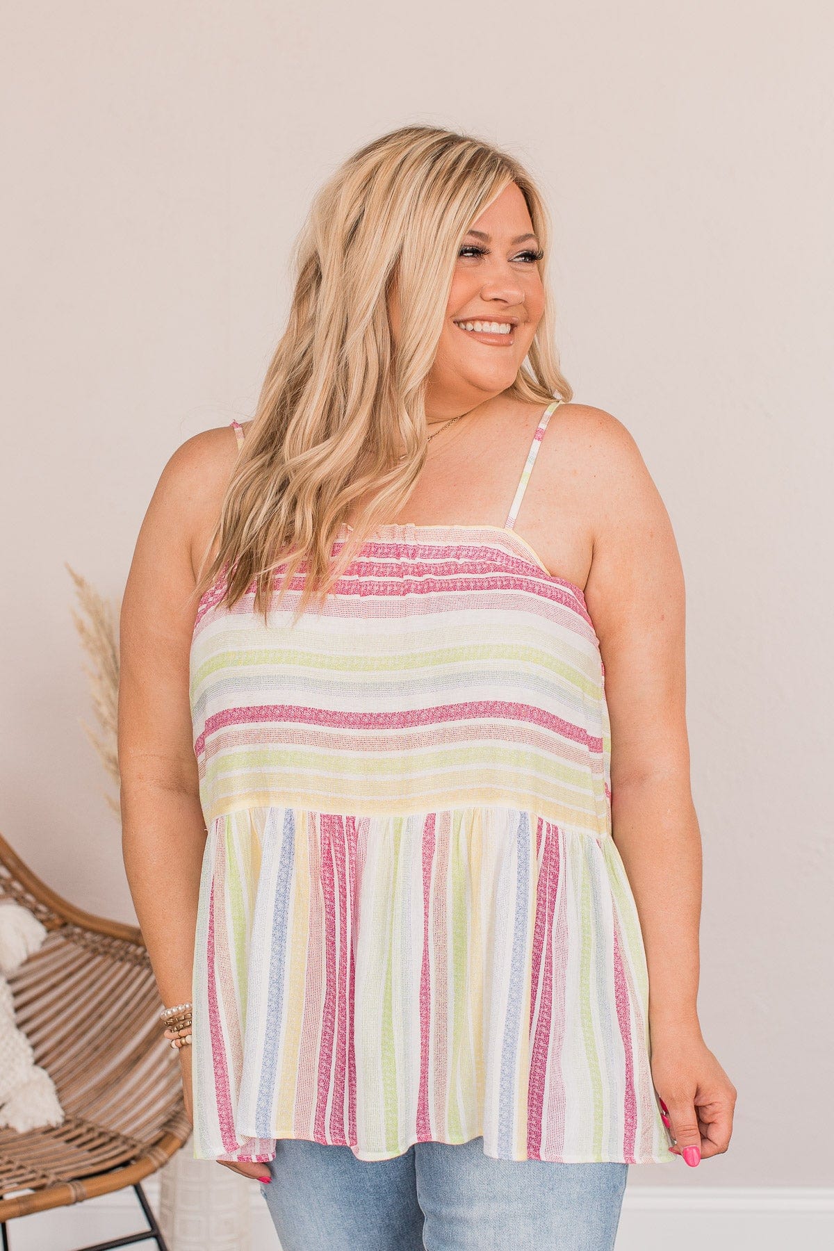 Whimsical Heart Striped Babydoll Tank- Pink Multicolor