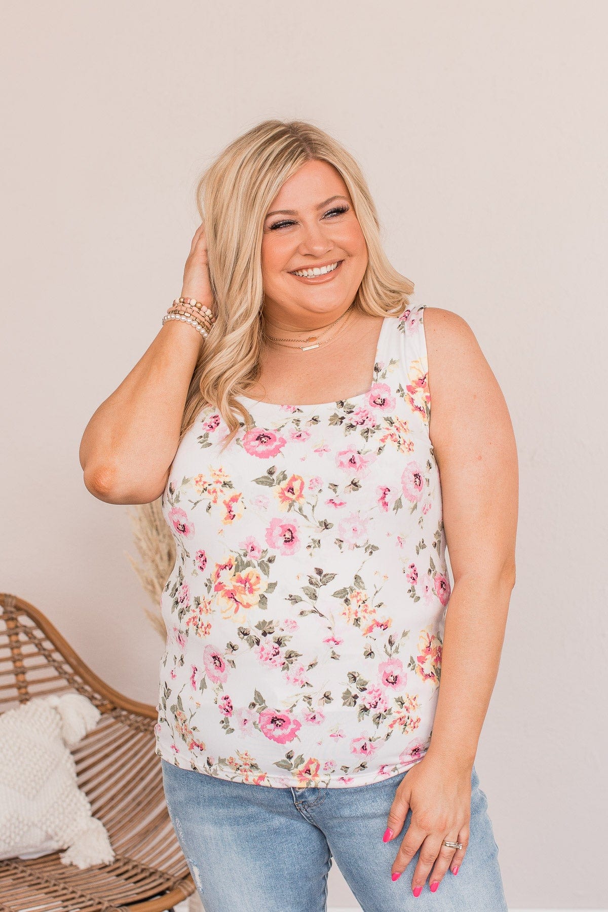 A Rosy Outlook Floral Tank- Ivory