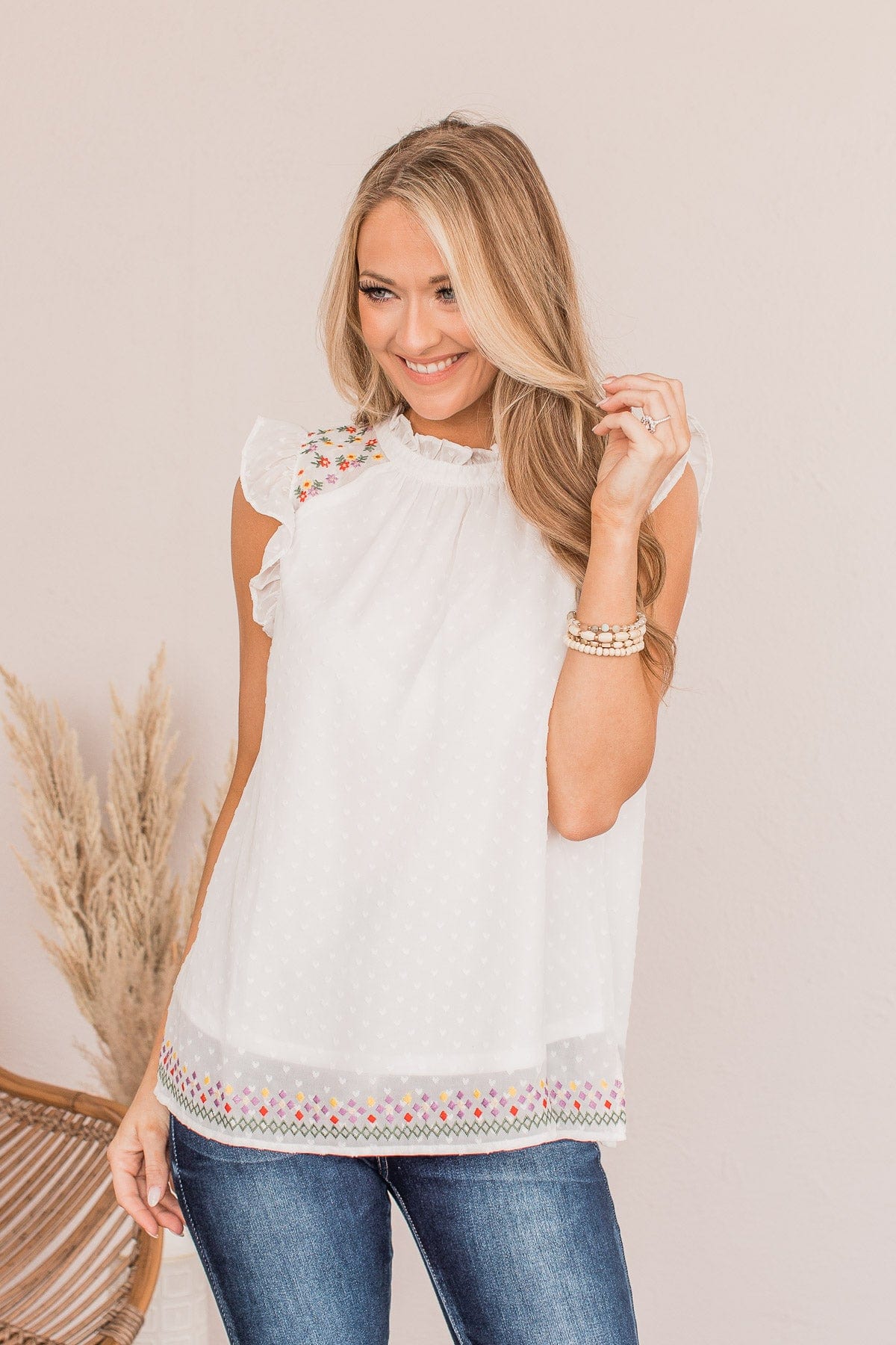 Planting Ideas Swiss Dot Blouse- Ivory