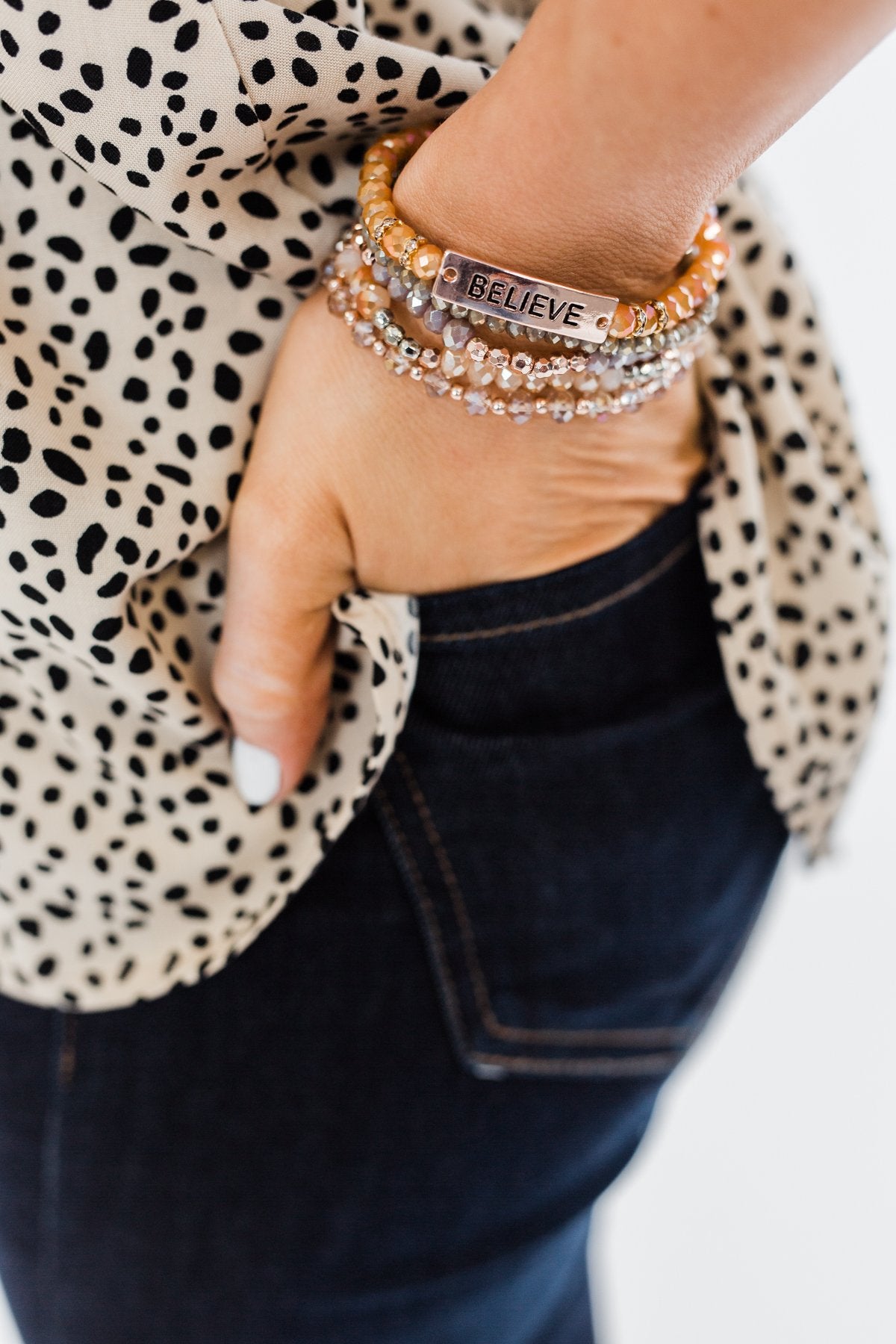 "Believe" Stackable Beaded Bracelet Set- Rose Gold