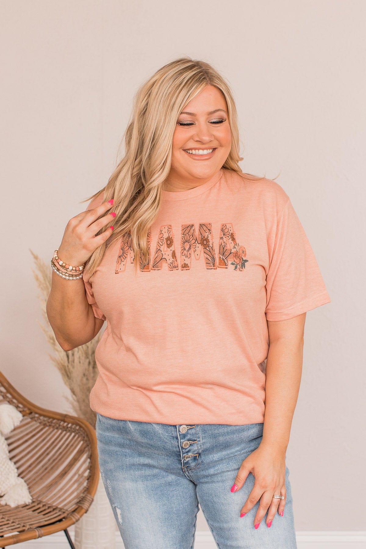Floral "Mama" Graphic Tee- Peach