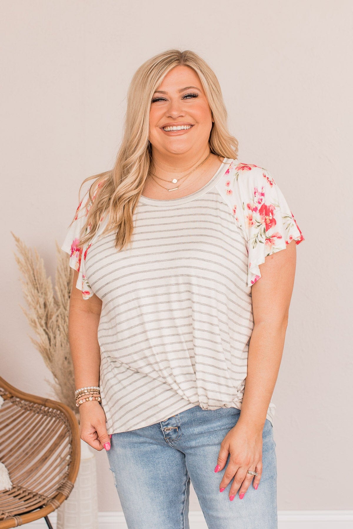 Complete The Look Striped Floral Top- Ivory