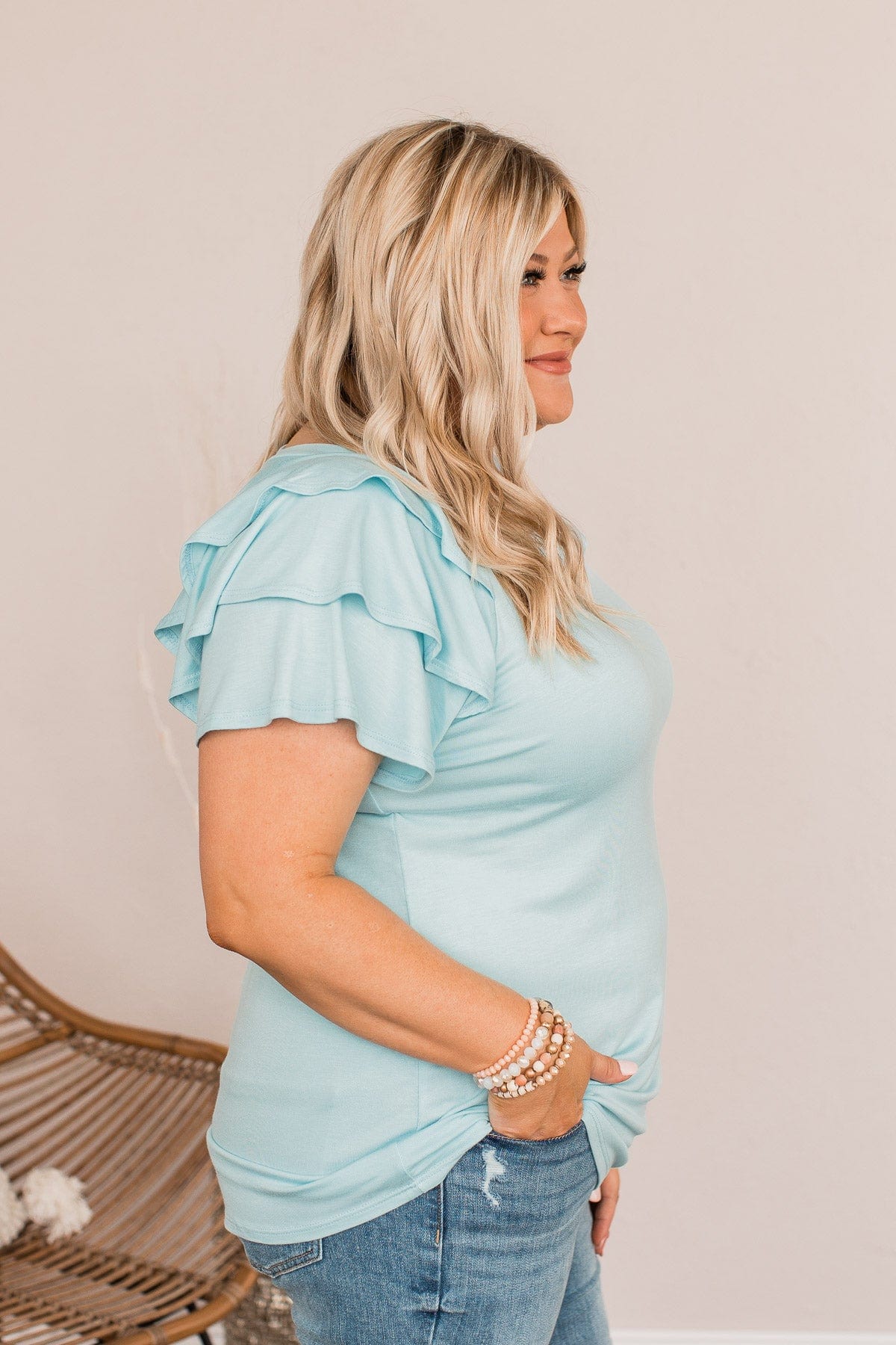 Almost There Tiered Flutter Sleeve Shirt- Light Blue