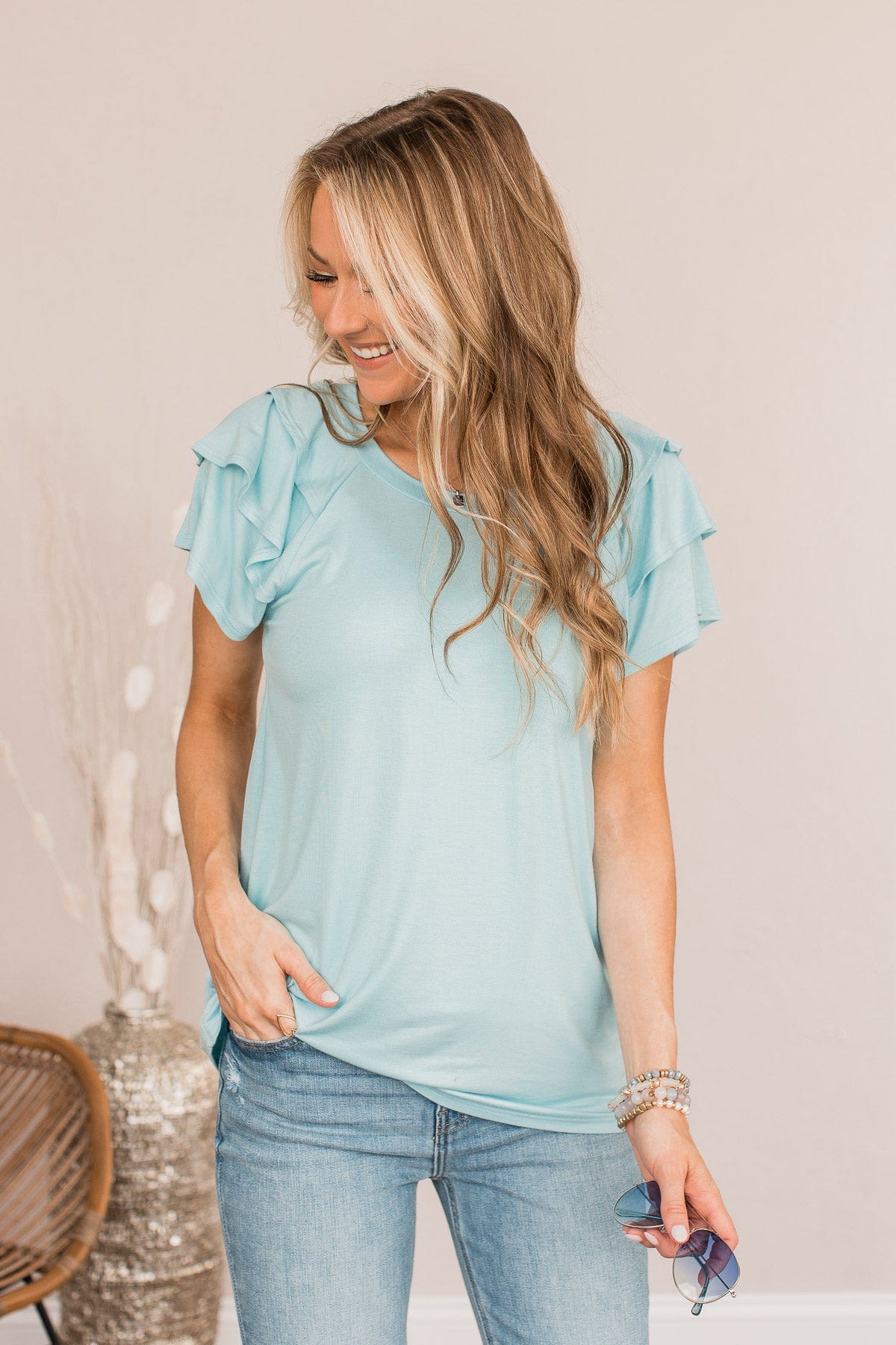 Almost There Tiered Flutter Sleeve Shirt- Light Blue