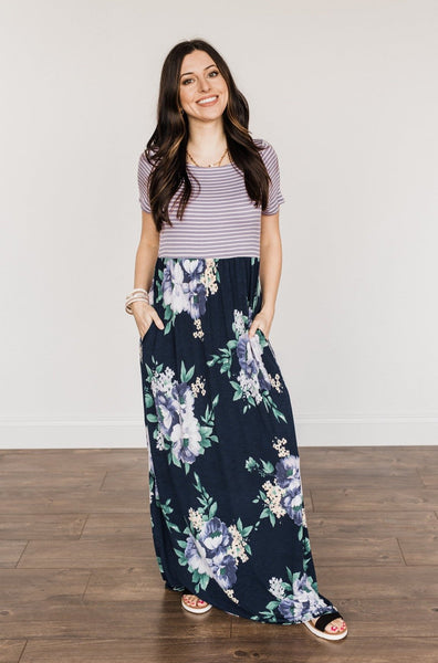 Lasting Memories Floral Maxi Dress- Navy & Lavender – The Pulse Boutique