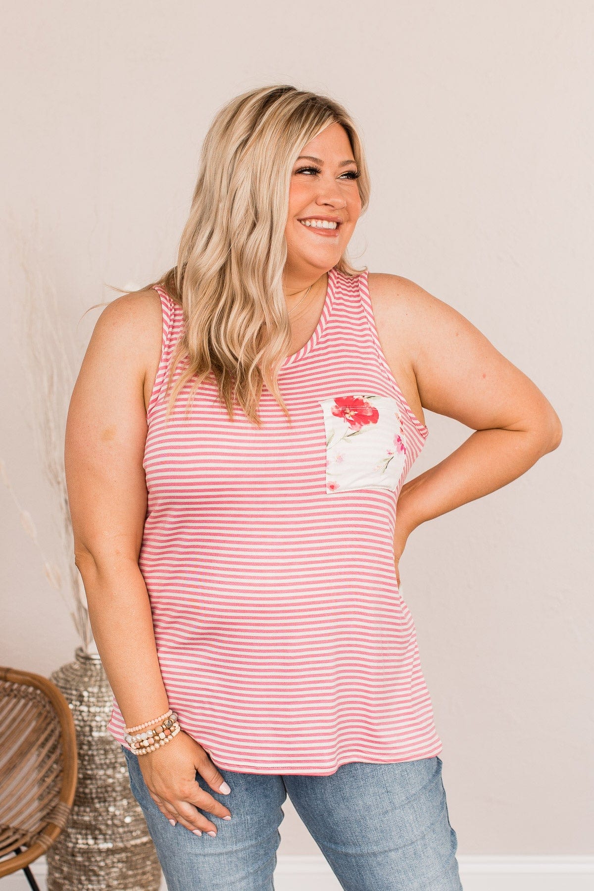 Love To Spare Striped Floral Tank- Pink & Ivory