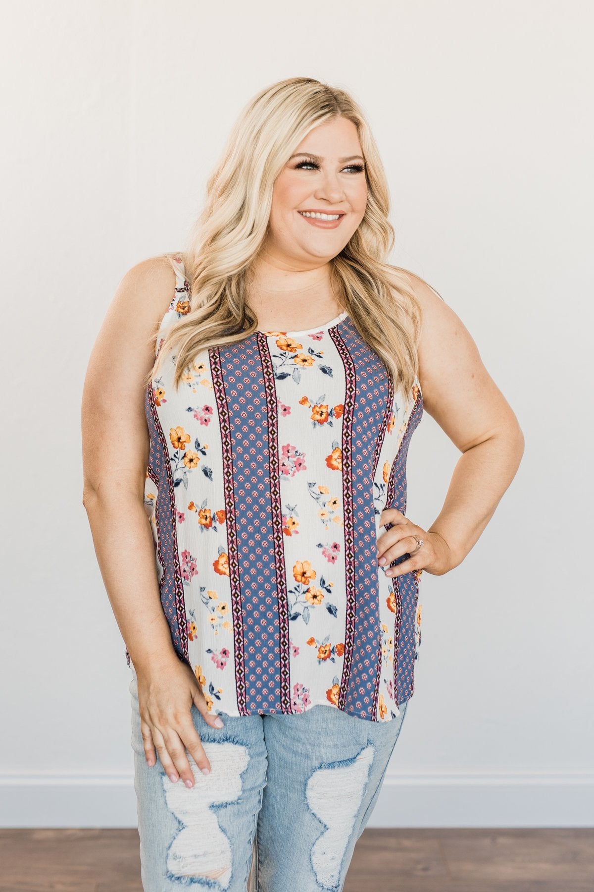 Until We Meet Again Printed Tank Top- Denim & Ivory