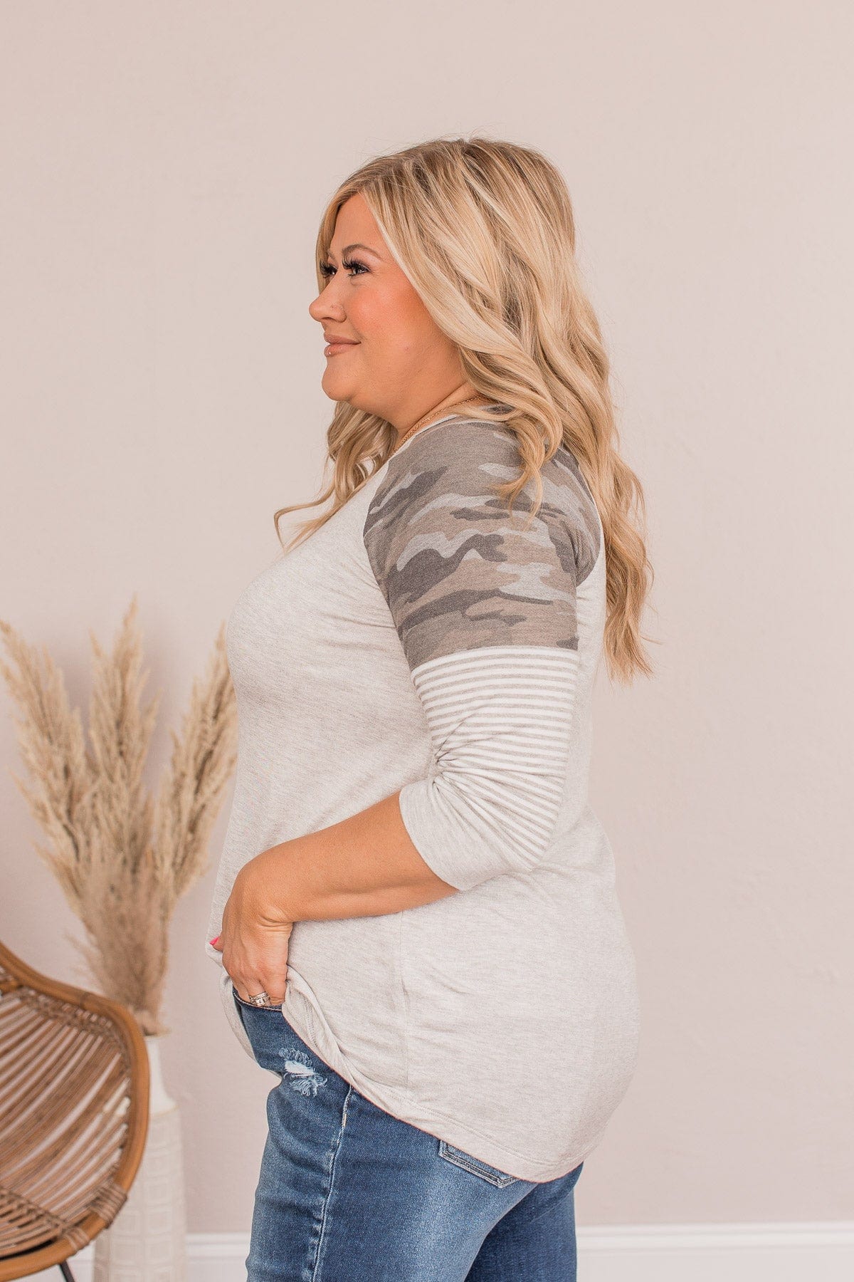 Catching Vibes Striped Camo Top- Gray