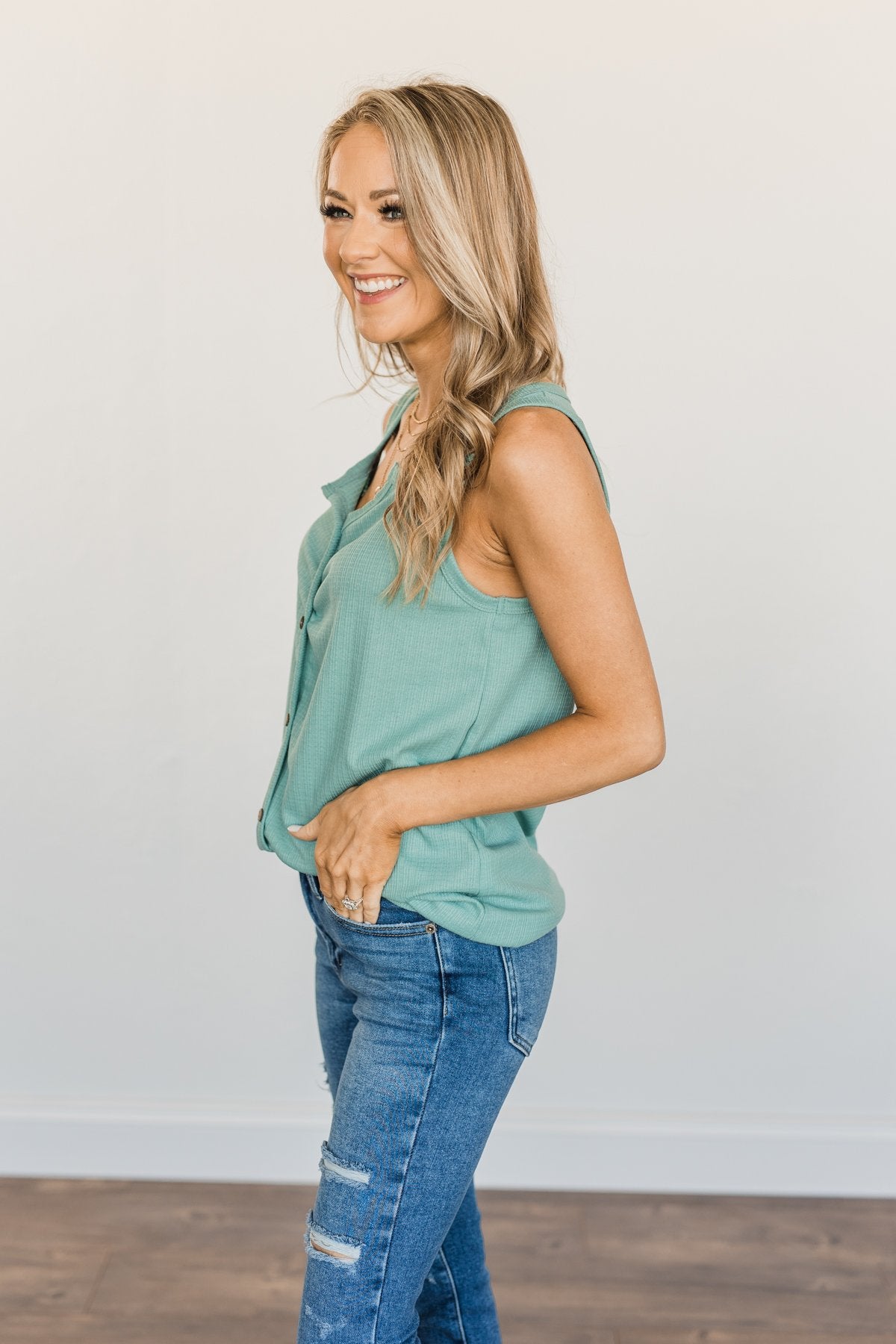 Always In My Heart Notch Tank Top- Soft Teal