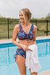 Surfing Through Life Cinched Swim Top- Navy Floral