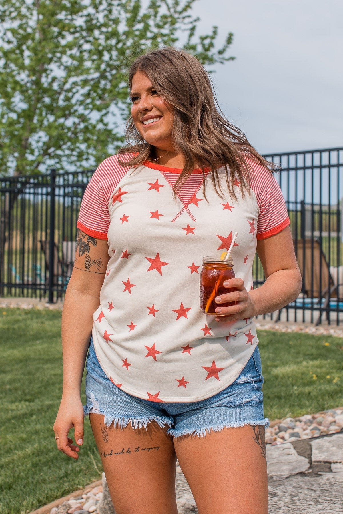 Cue The Sparklers Short Sleeve Top- Red & White