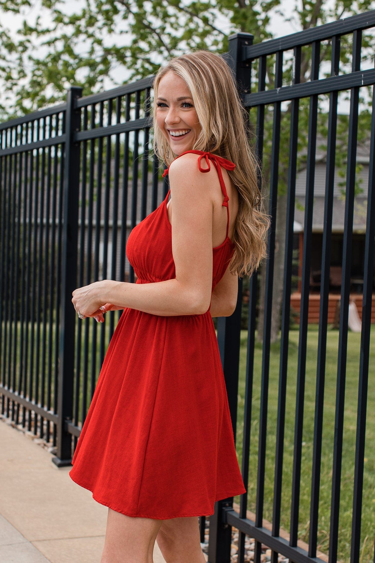 Summer Fling Tie Shoulder Mini Dress- Red Summer Fling Tie Shoulder Mini Dress- Red
