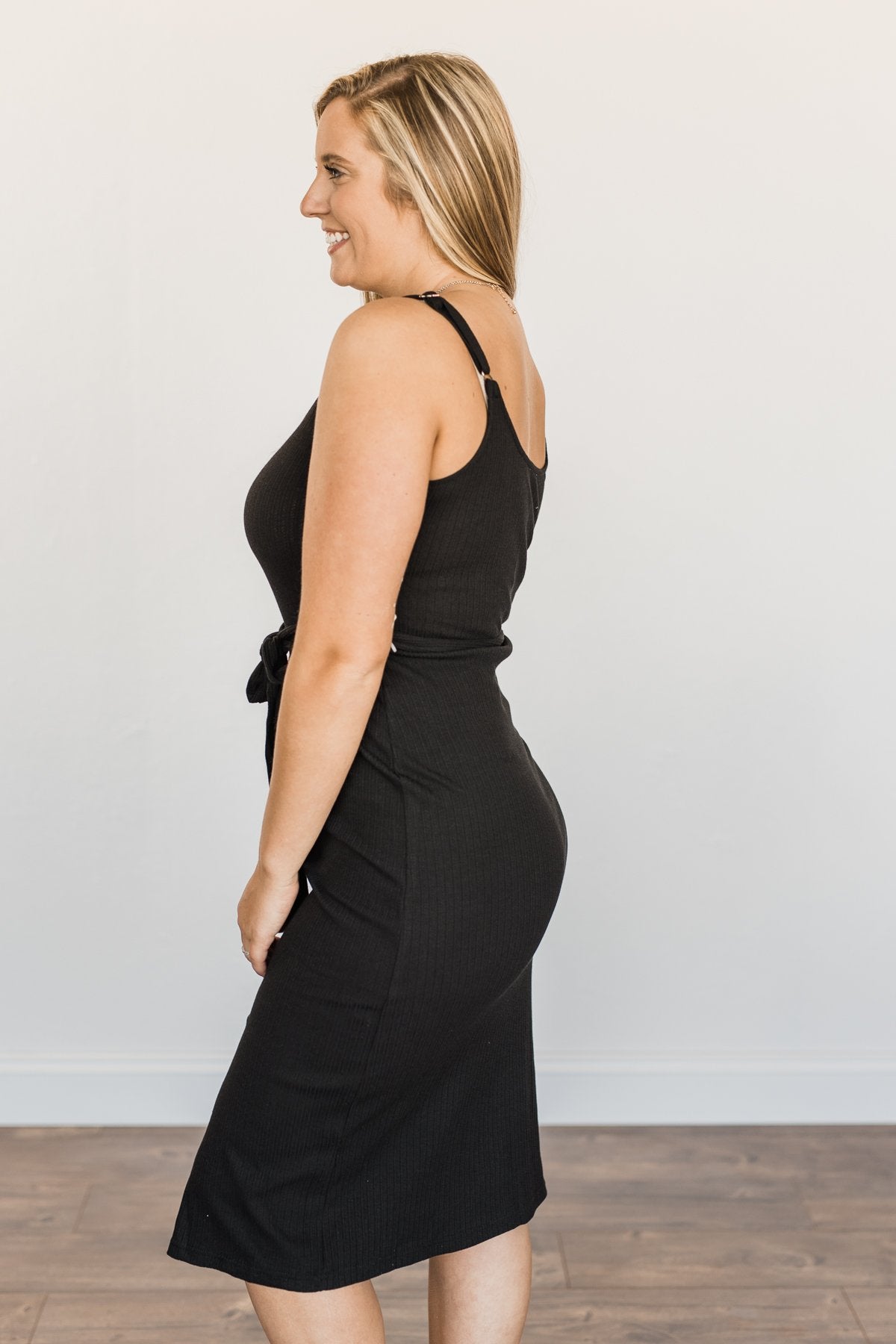 Look At Me Now Fitted Midi Dress- Black