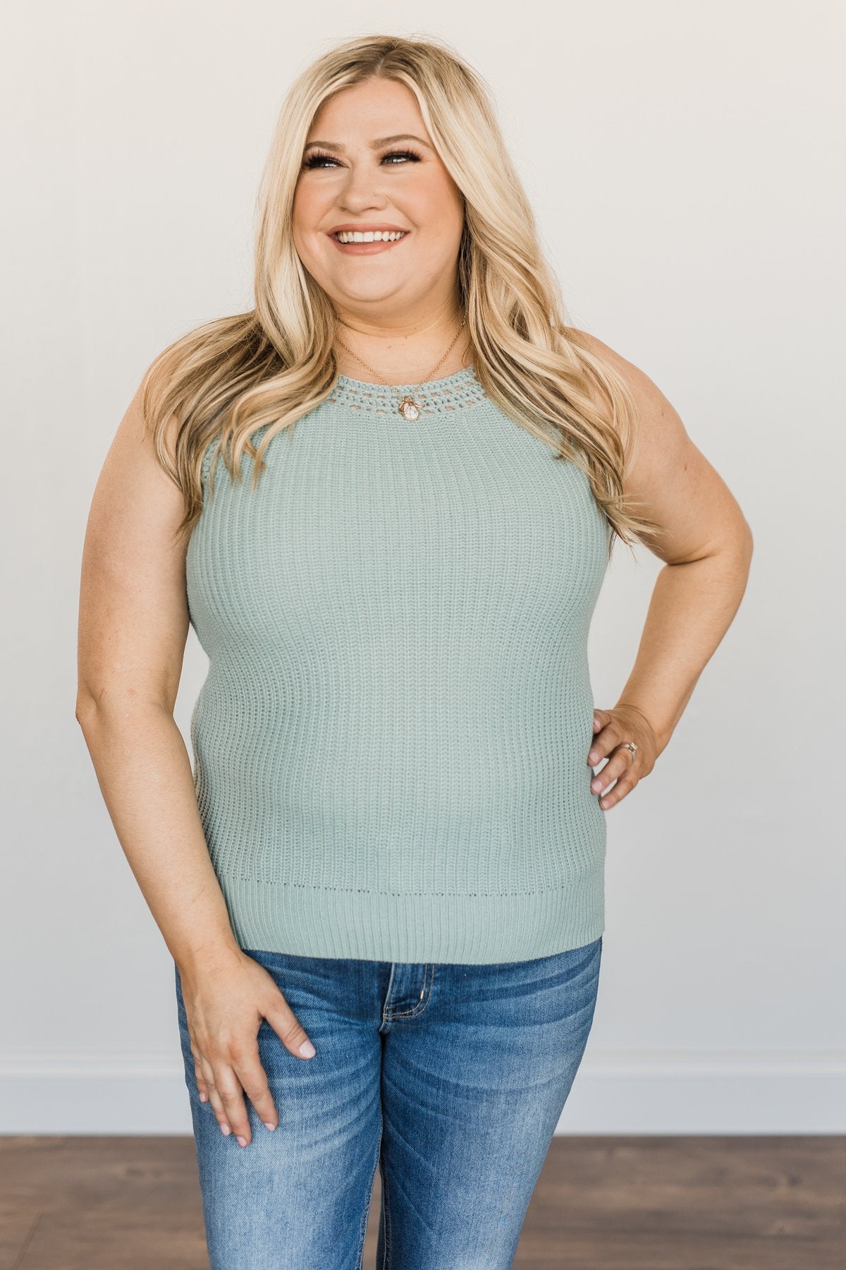 Kissed By The Sun Knit Tank Top- Soft Mint Blue