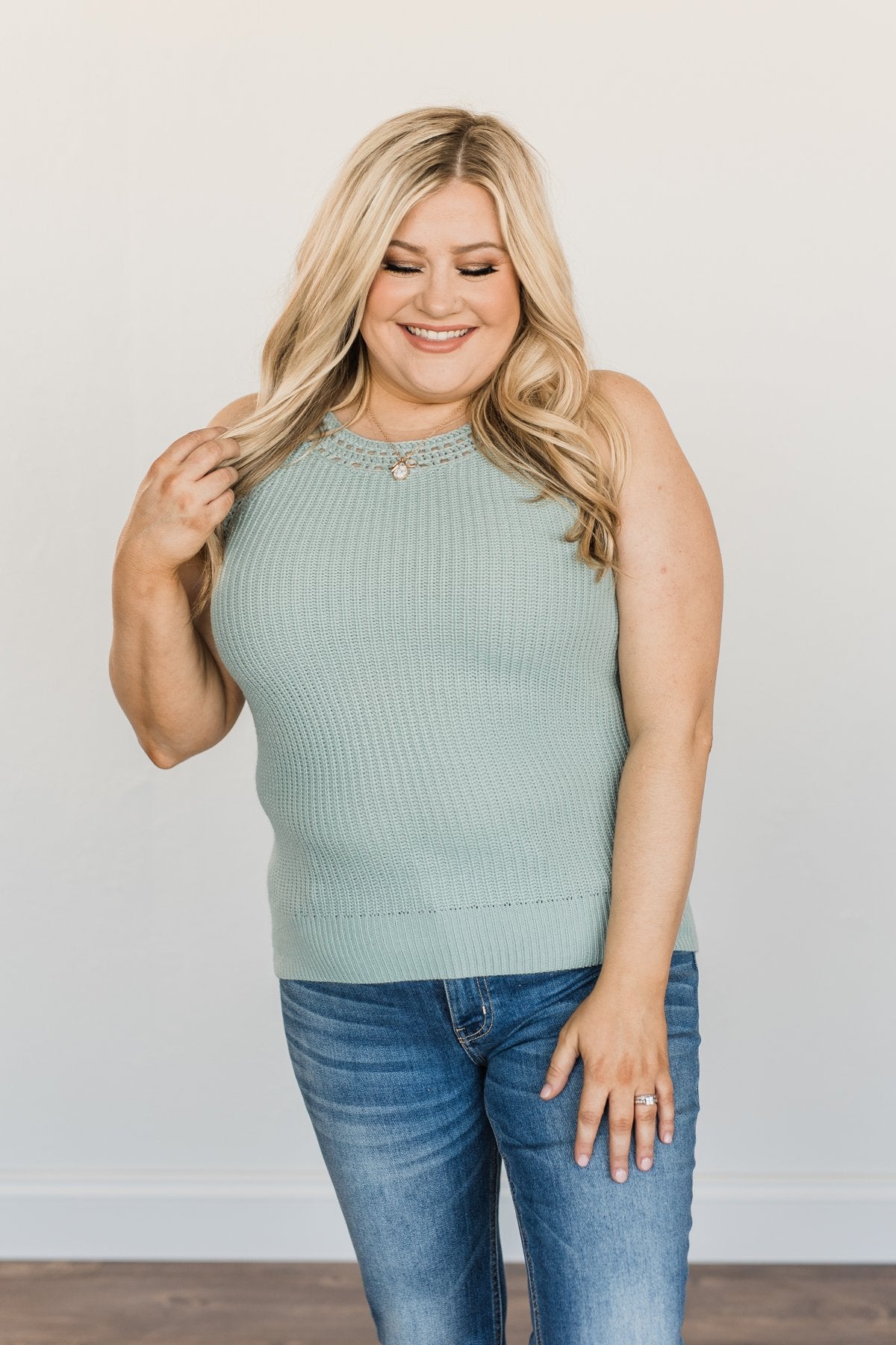 Kissed By The Sun Knit Tank Top- Soft Mint Blue