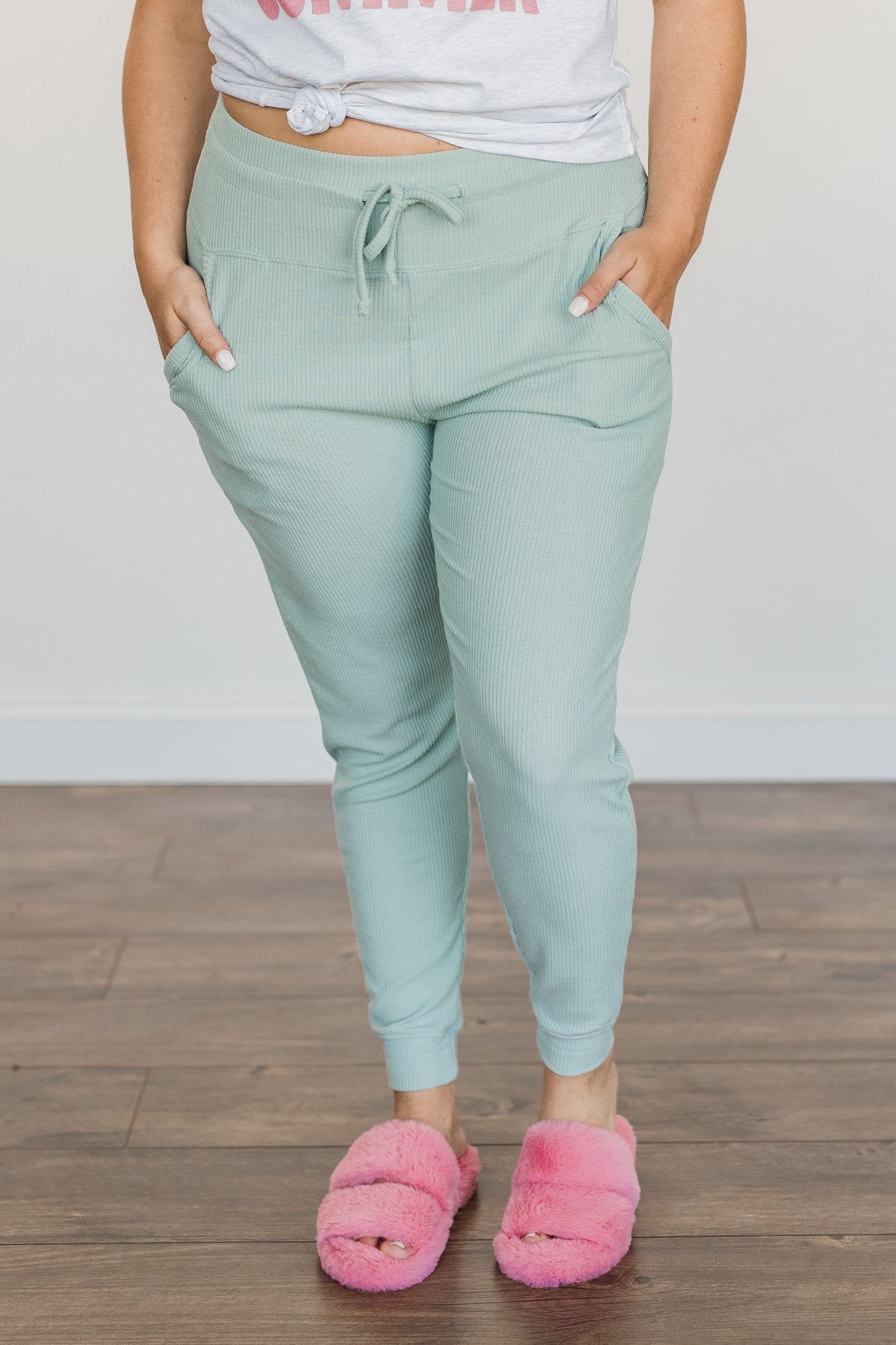 Meant For Each Other Ribbed Knit Joggers- Dusty Sage
