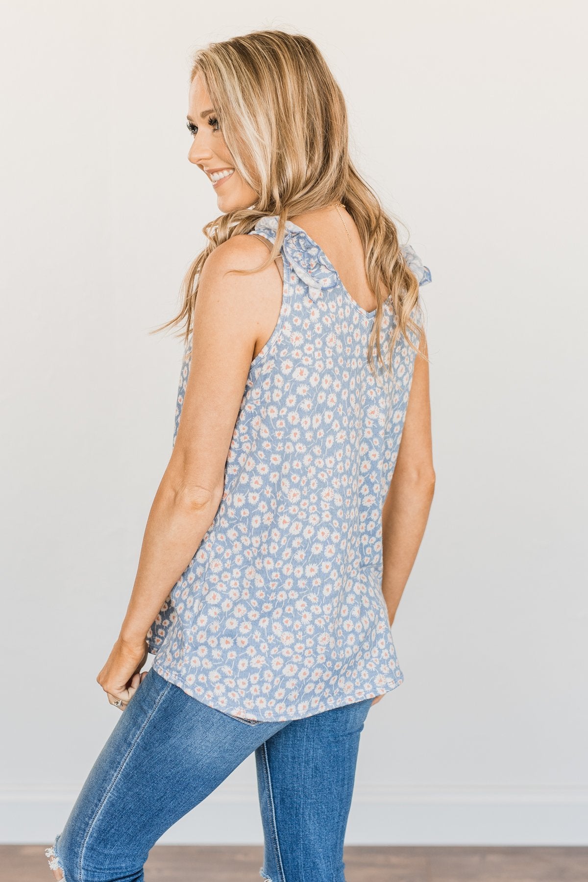 Endless Summer Ruffle Floral Tank Top- Denim Blue