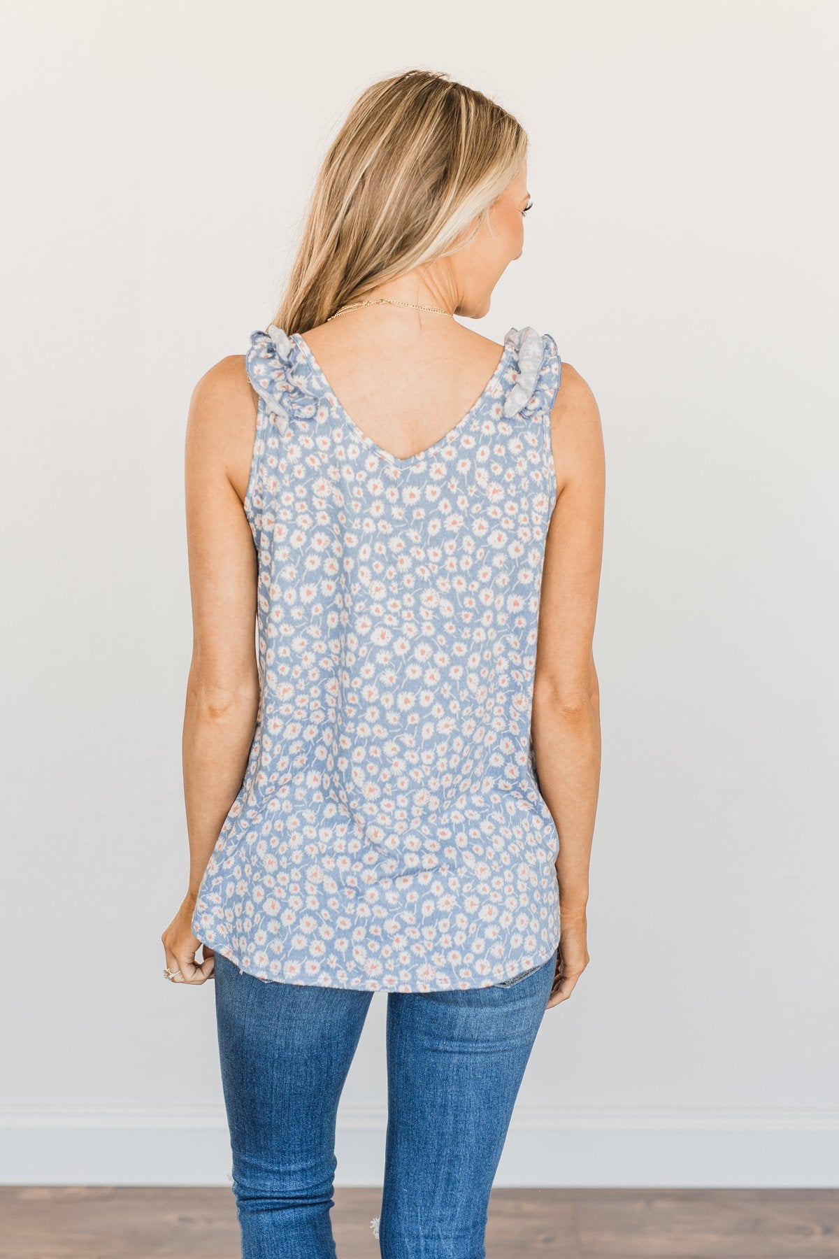 Endless Summer Ruffle Floral Tank Top- Denim Blue