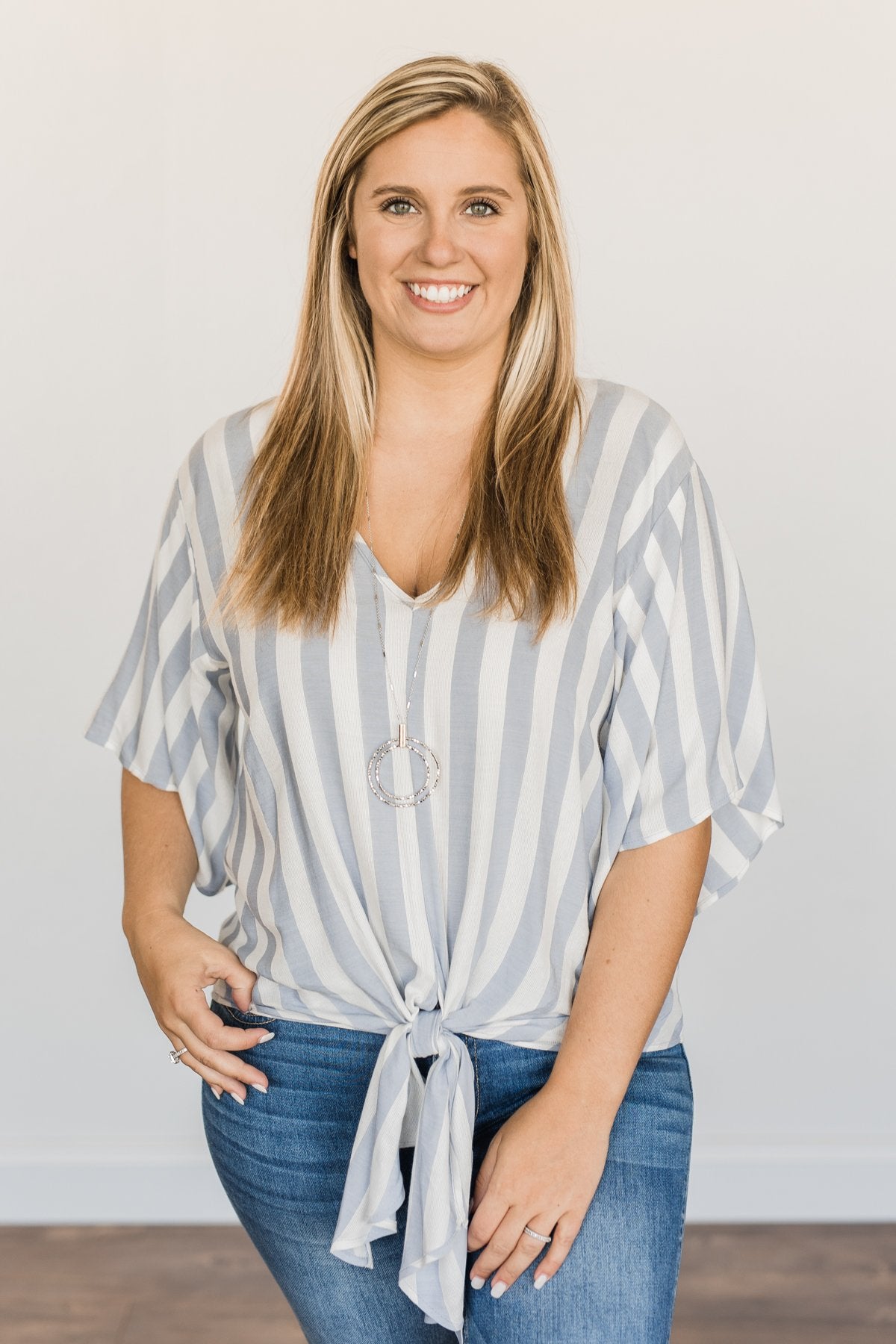 Born To Lead Front Tie Blouse- Dusty Blue & Ivory