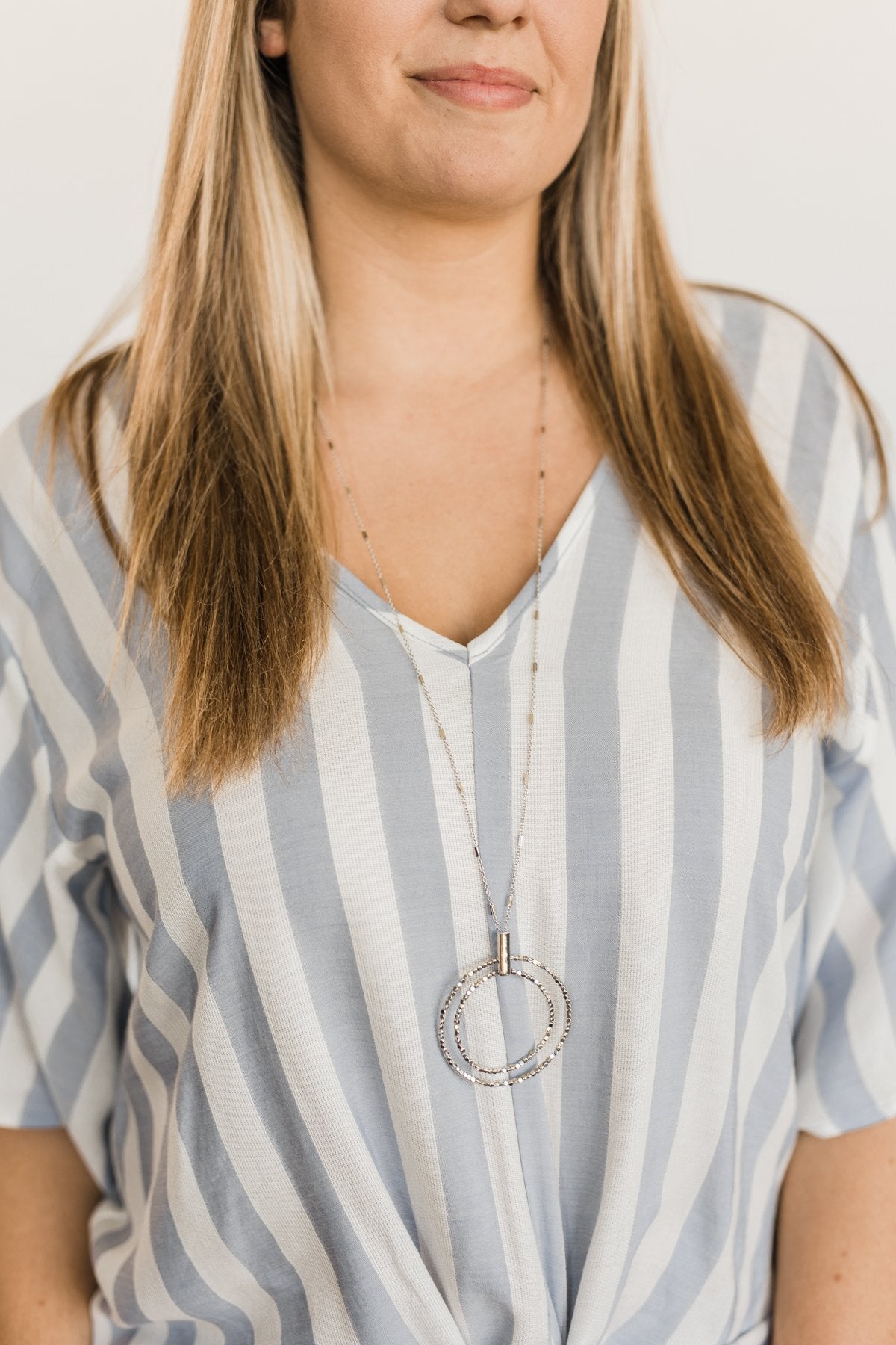 Long Beaded Double Circle Necklace- Silver