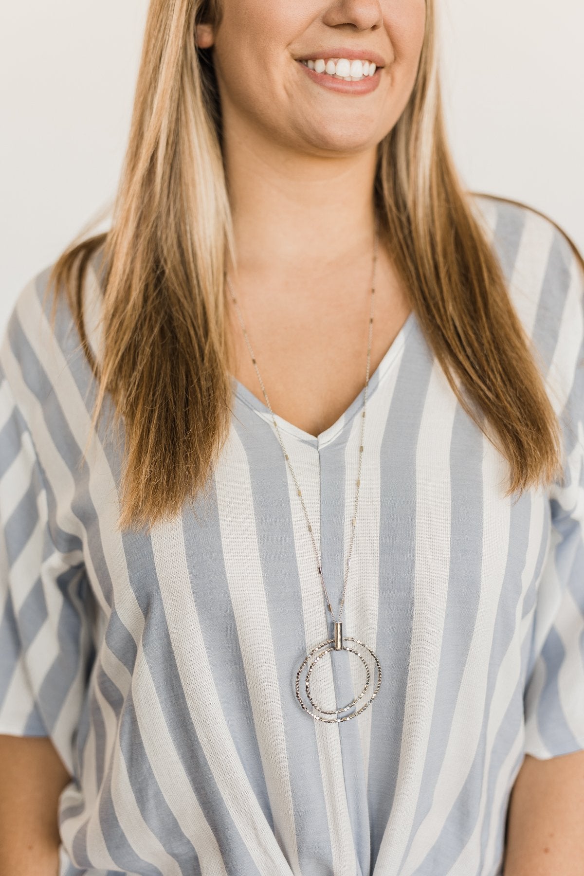 Long Beaded Double Circle Necklace- Silver