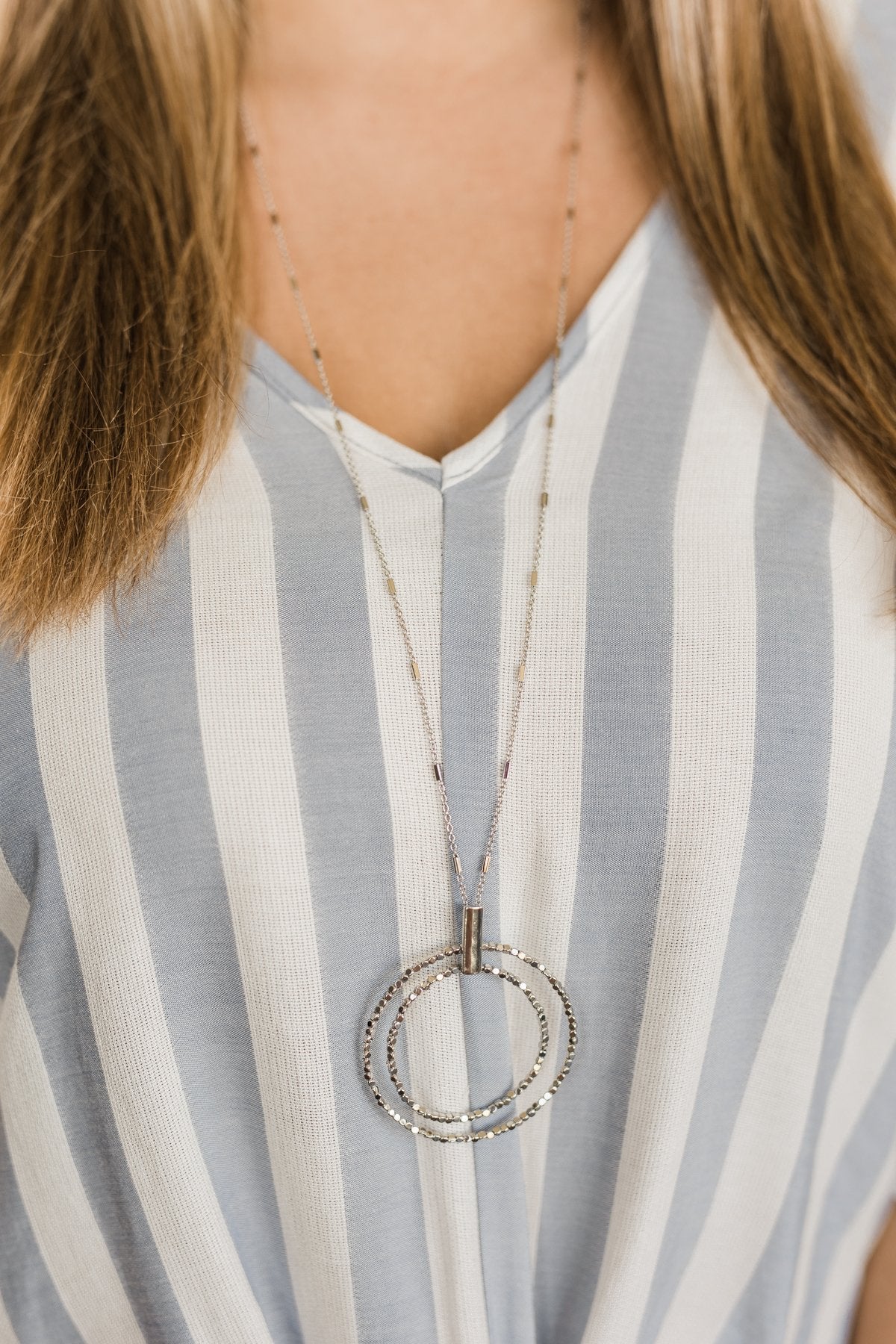Long Beaded Double Circle Necklace- Silver