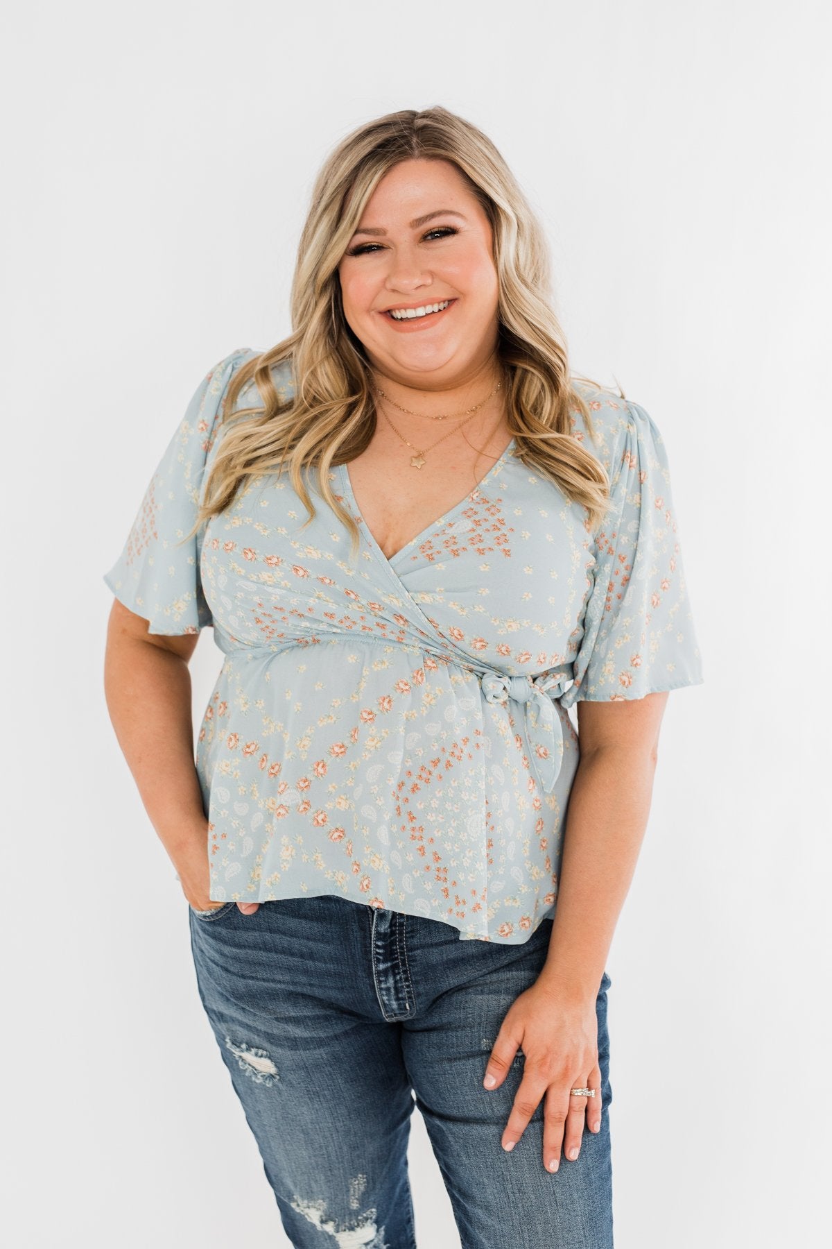 The Things You Say Floral Wrap Top- Light Blue