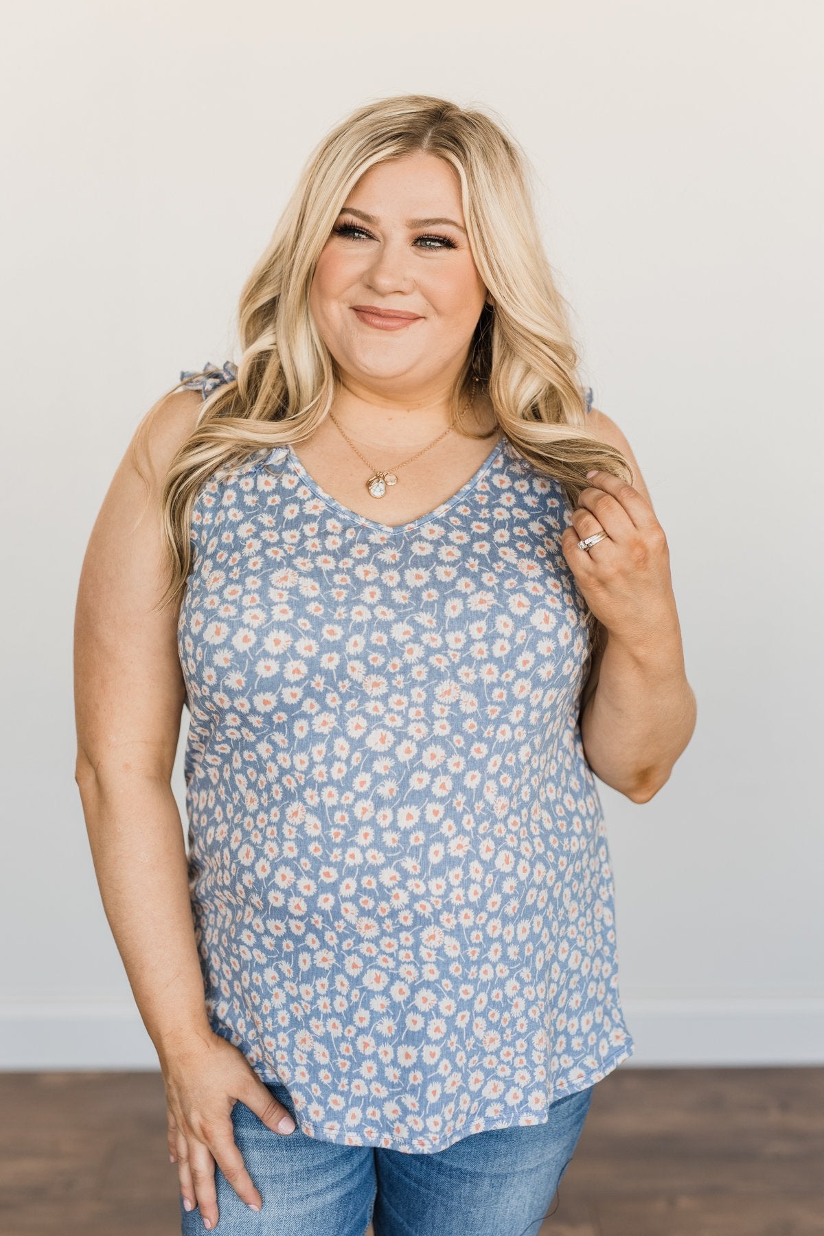 Endless Summer Ruffle Floral Tank Top- Denim Blue