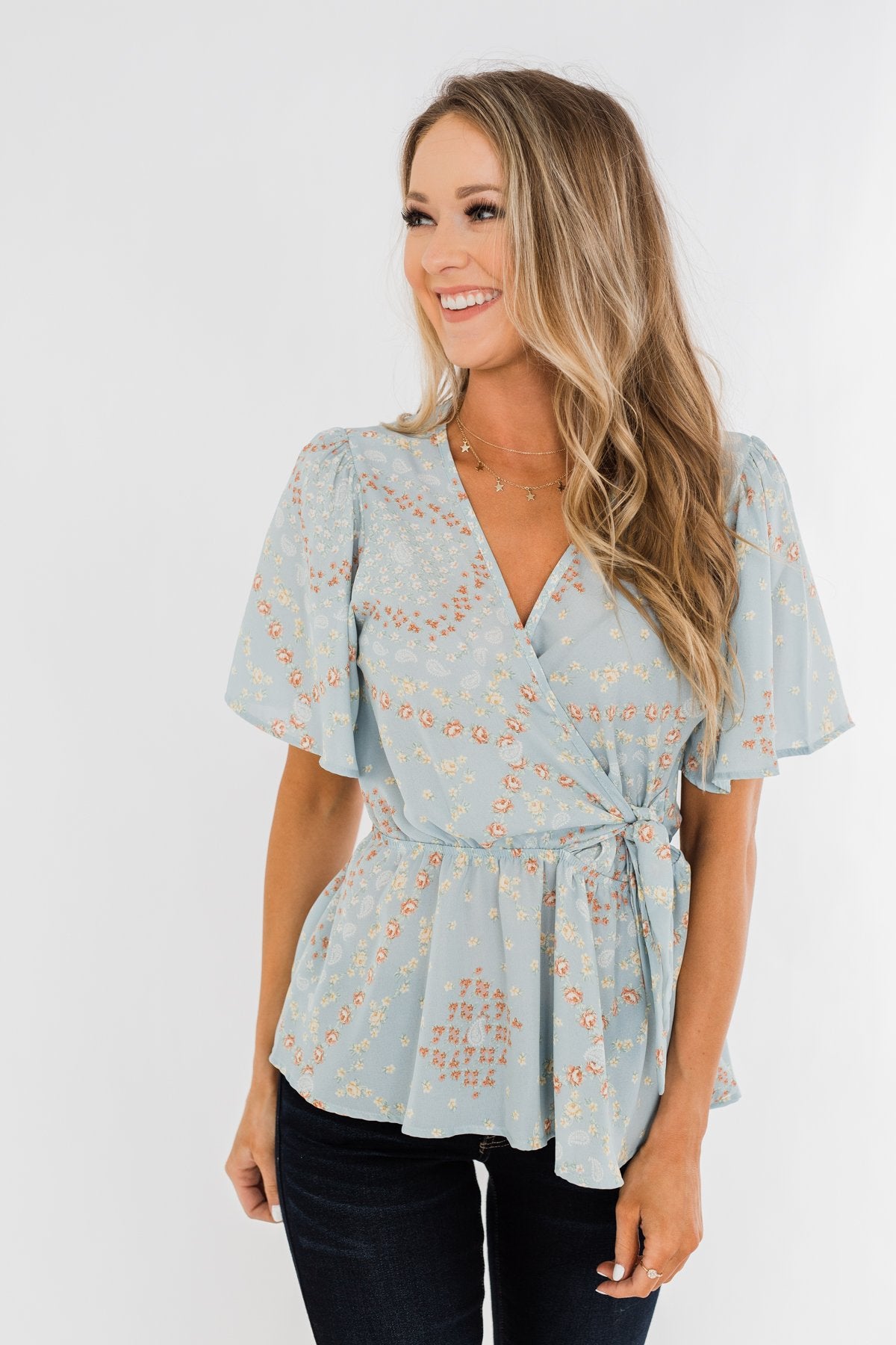 The Things You Say Floral Wrap Top- Light Blue