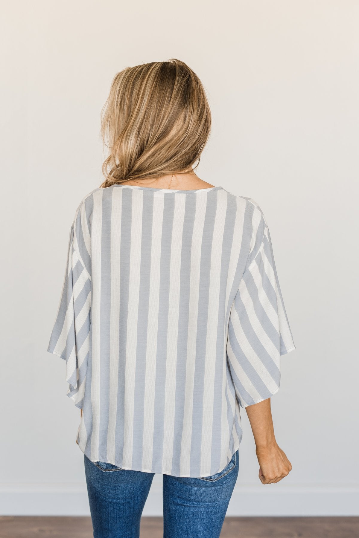 Born To Lead Front Tie Blouse- Dusty Blue & Ivory