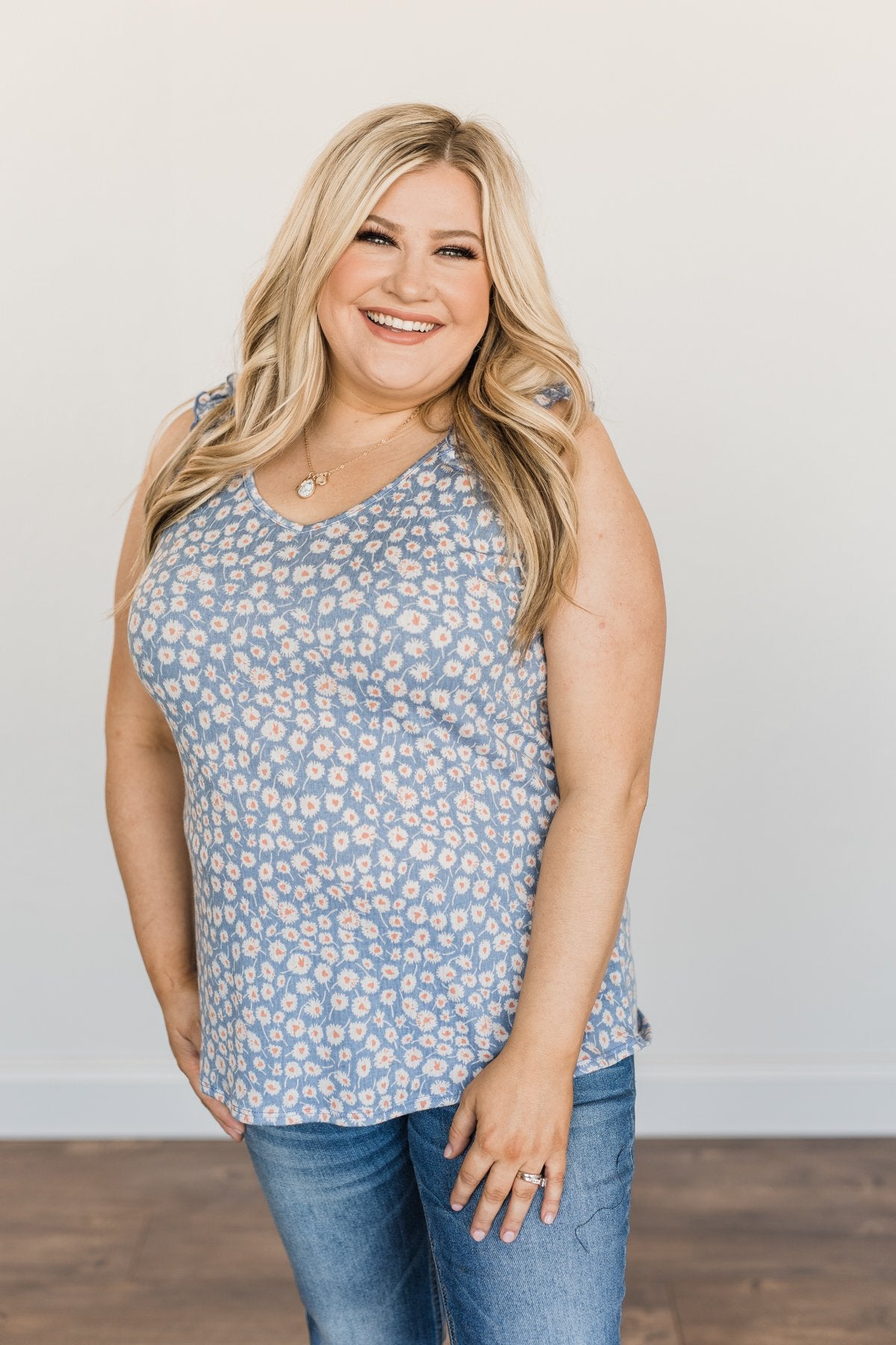 Endless Summer Ruffle Floral Tank Top- Denim Blue