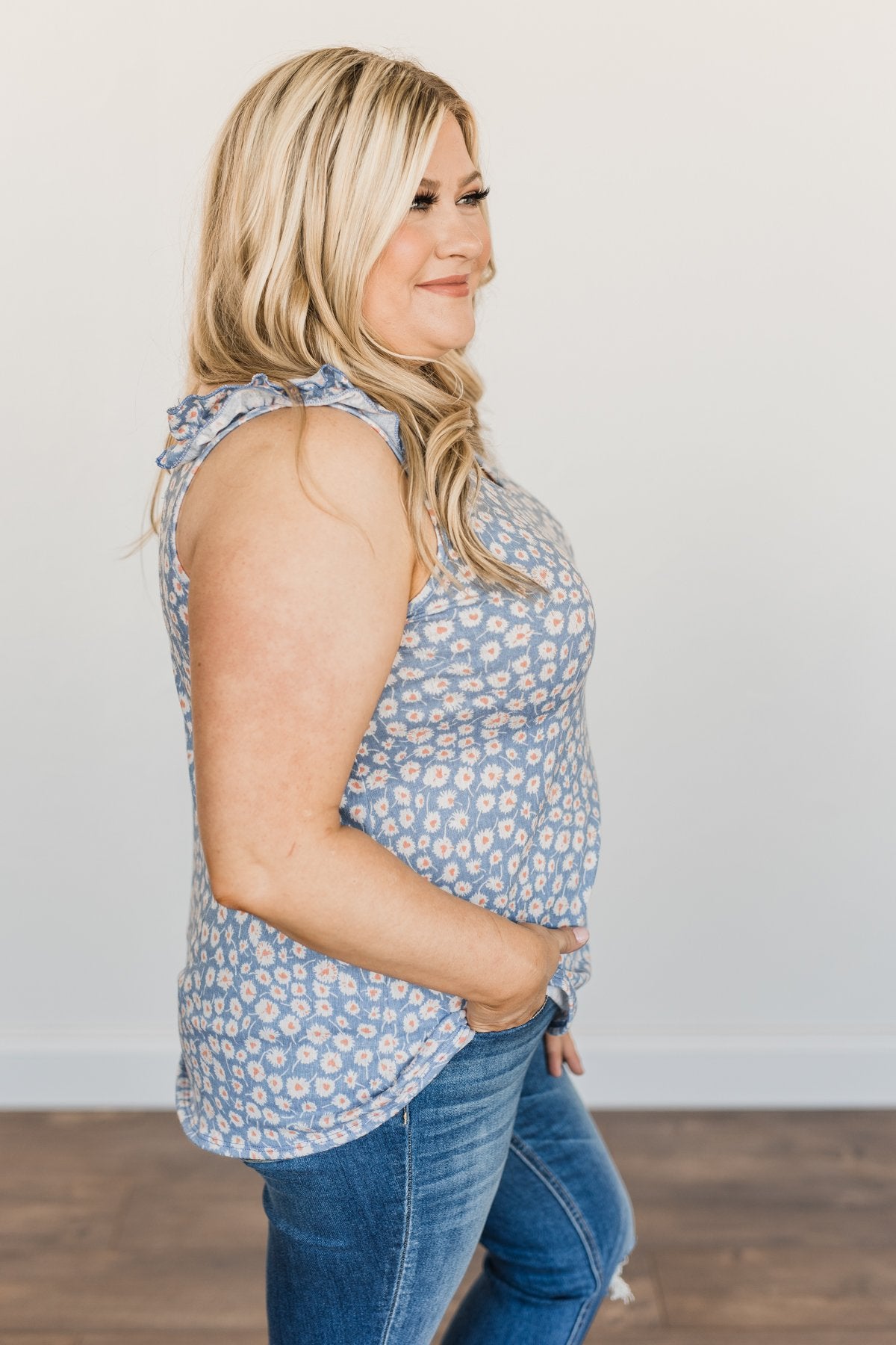 Endless Summer Ruffle Floral Tank Top- Denim Blue