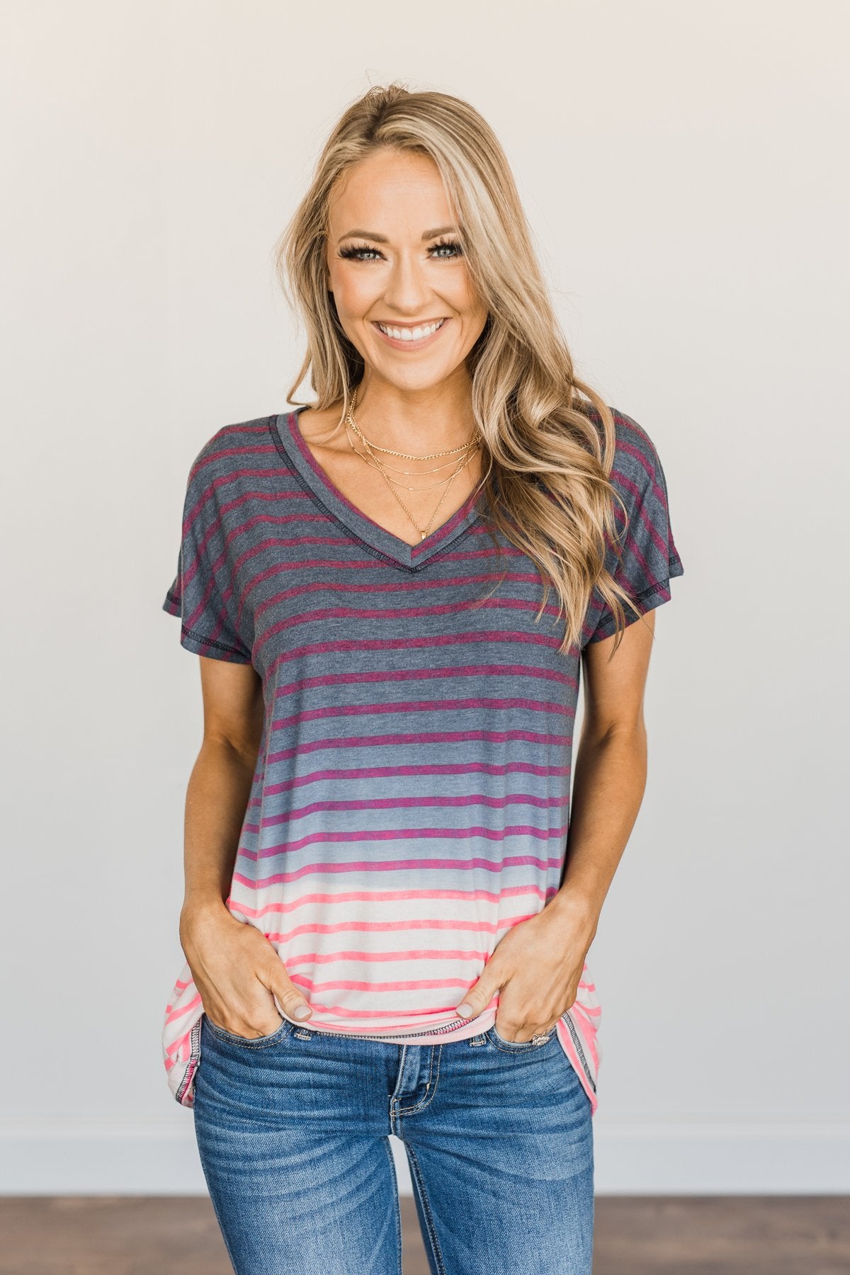 Spectacular Sights Striped Ombre Top- Charcoal & Pink