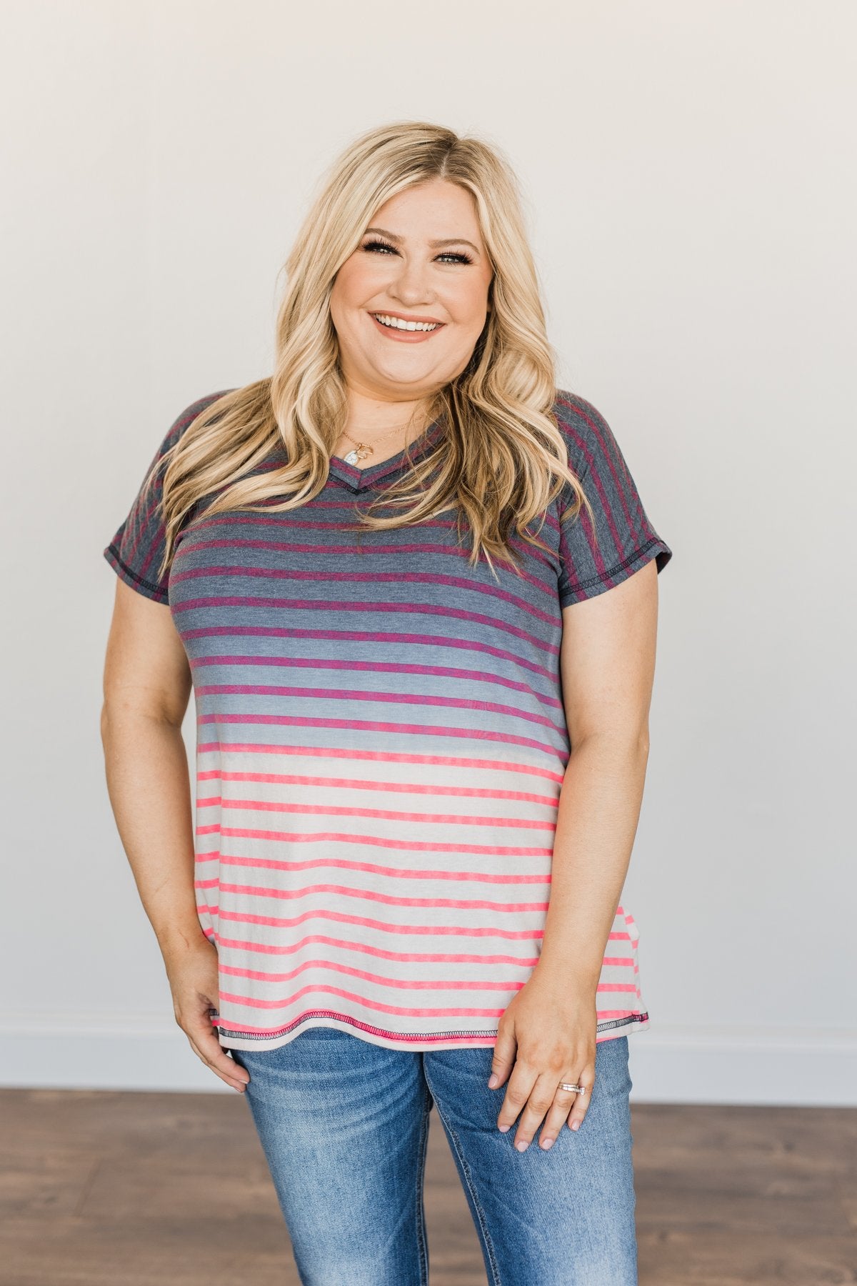 Spectacular Sights Striped Ombre Top- Charcoal & Pink
