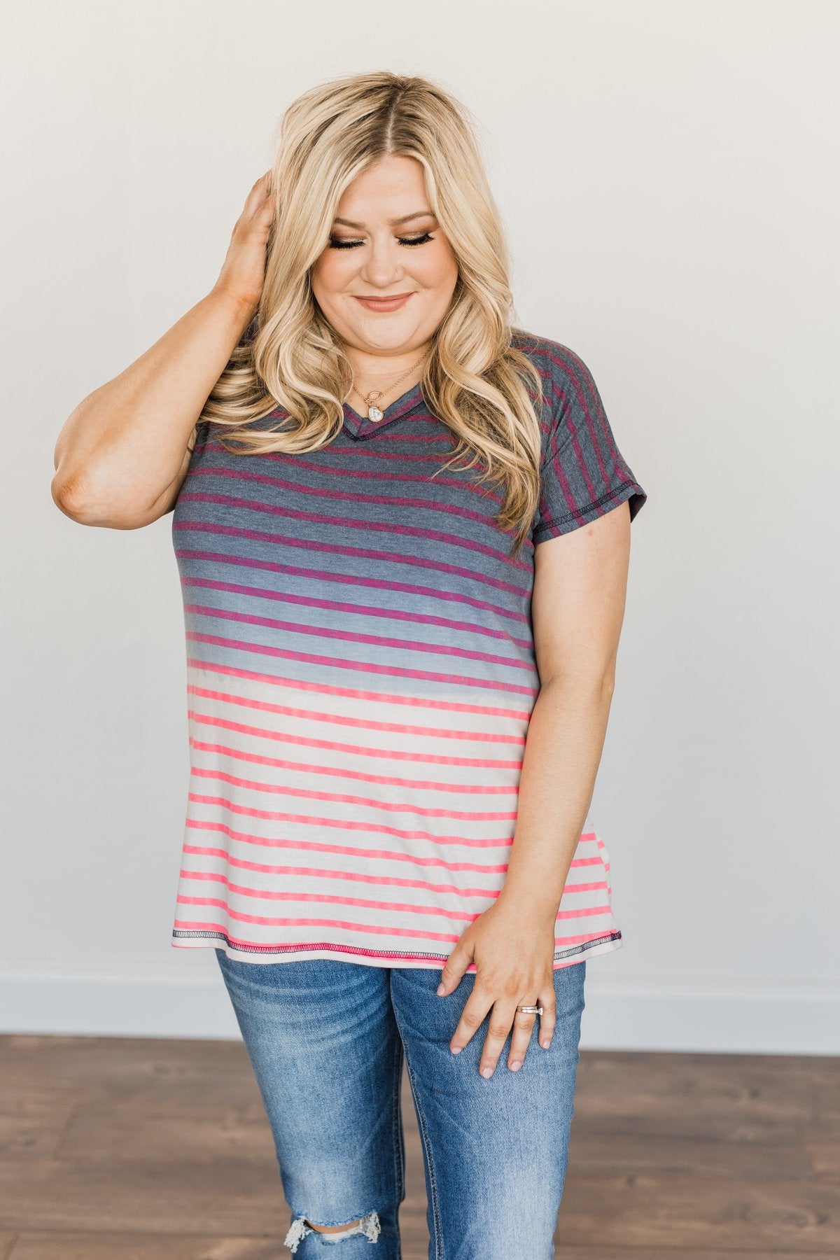 Spectacular Sights Striped Ombre Top- Charcoal & Pink