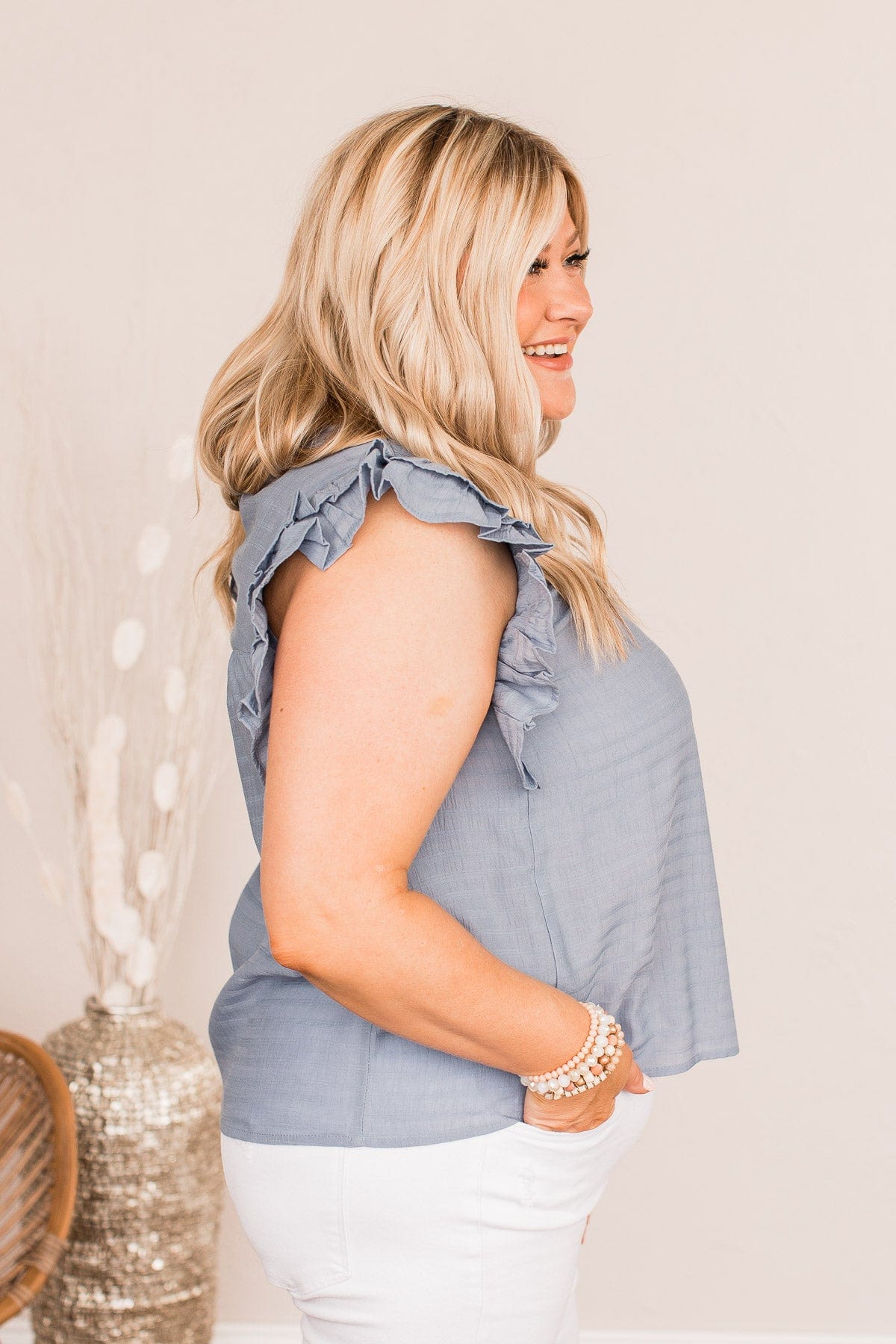 Keep On Smiling Flutter Sleeve Blouse- Dusty Blue