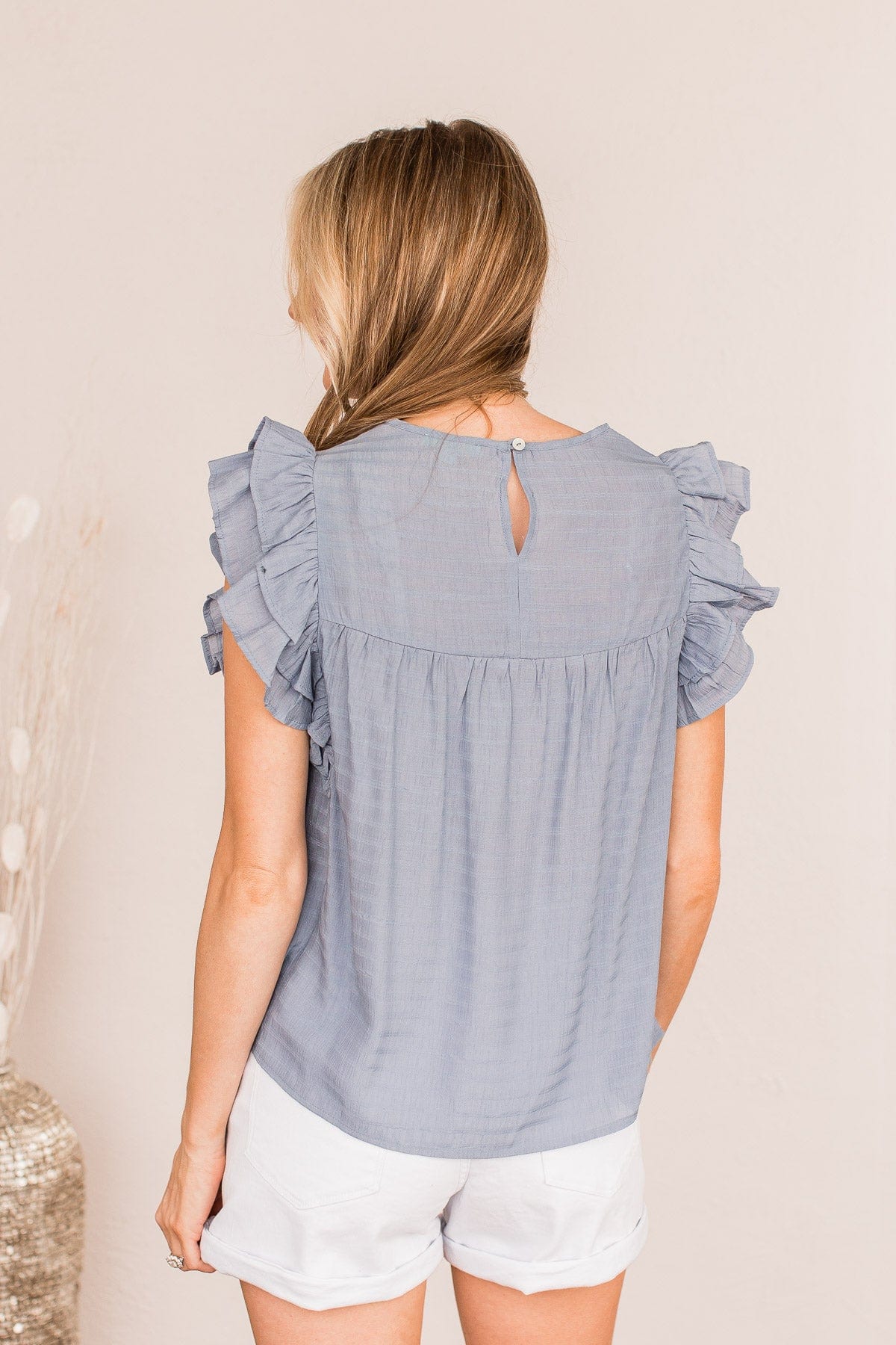 Keep On Smiling Flutter Sleeve Blouse- Dusty Blue