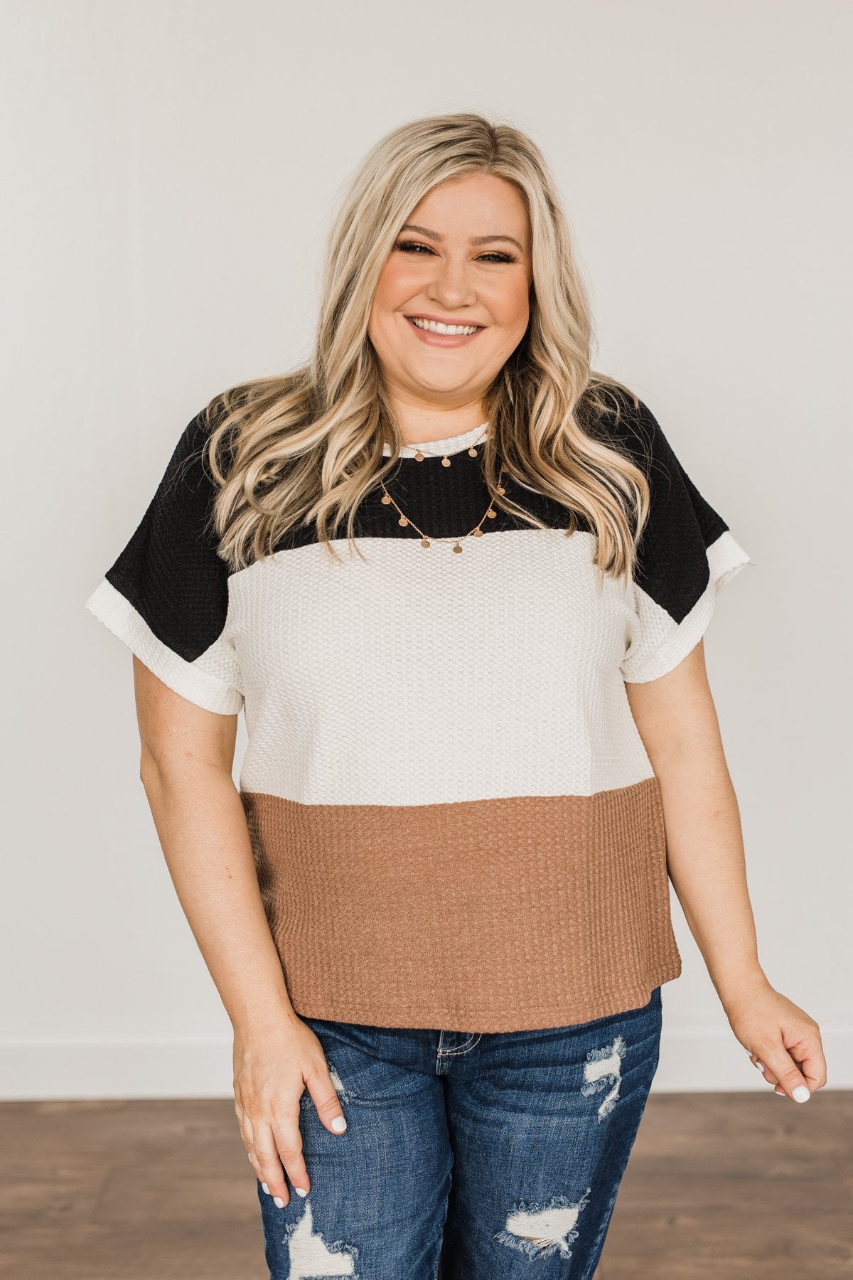 Unforgettable Fun Color Block Top- Black, Ivory & Mocha